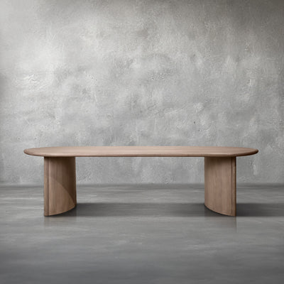Palmira 106-inch dining table in bleached mango wood with a stadium top on half-moon slab legs