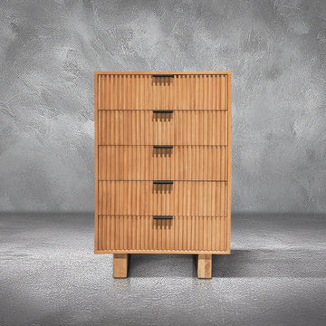 Fluted Chest, tall natural mango wood five-drawer chest with hand-carved vertical fluting, bedroom