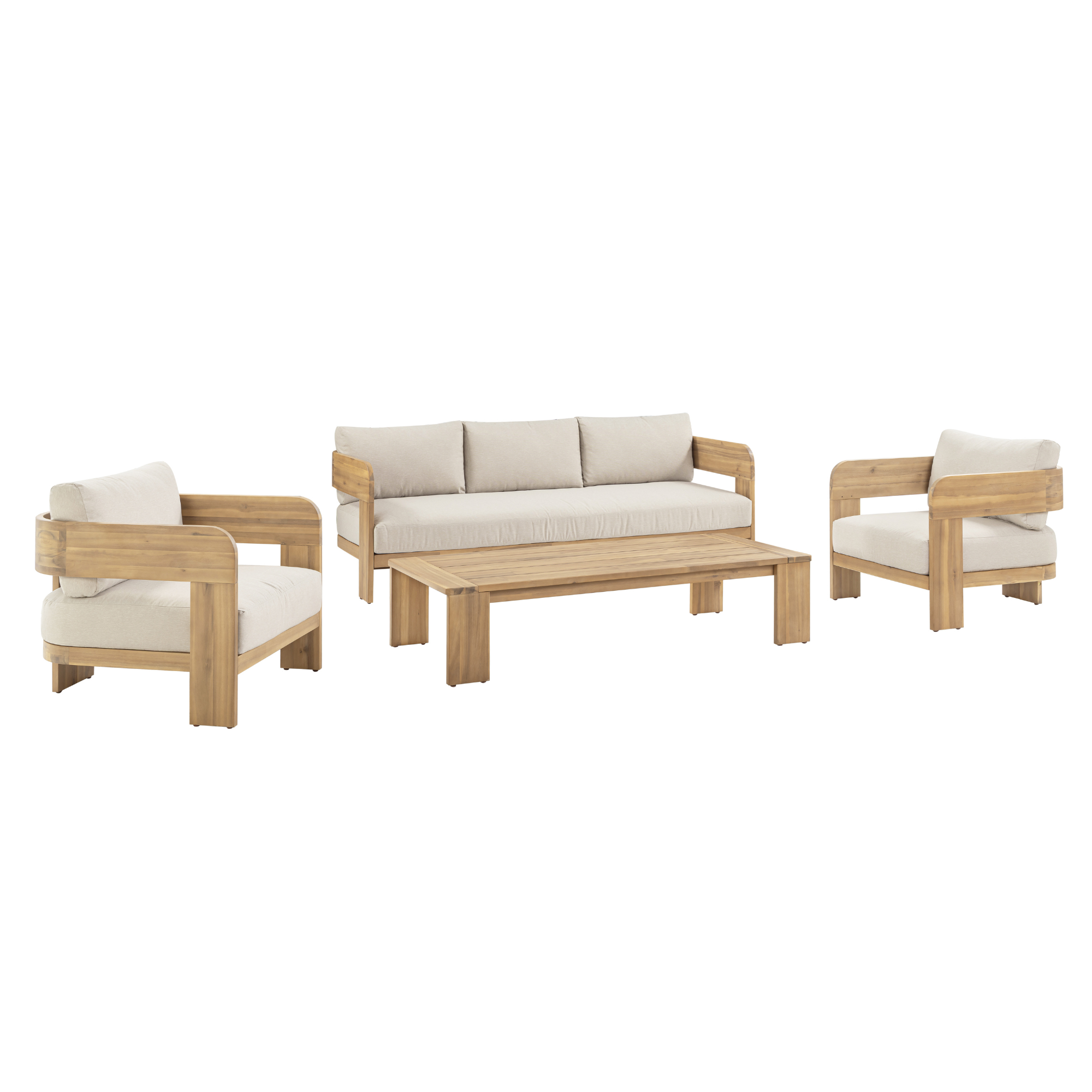 Fresno outdoor sofa with a natural wood frame and beige all-weather cushions, three-seat, patio