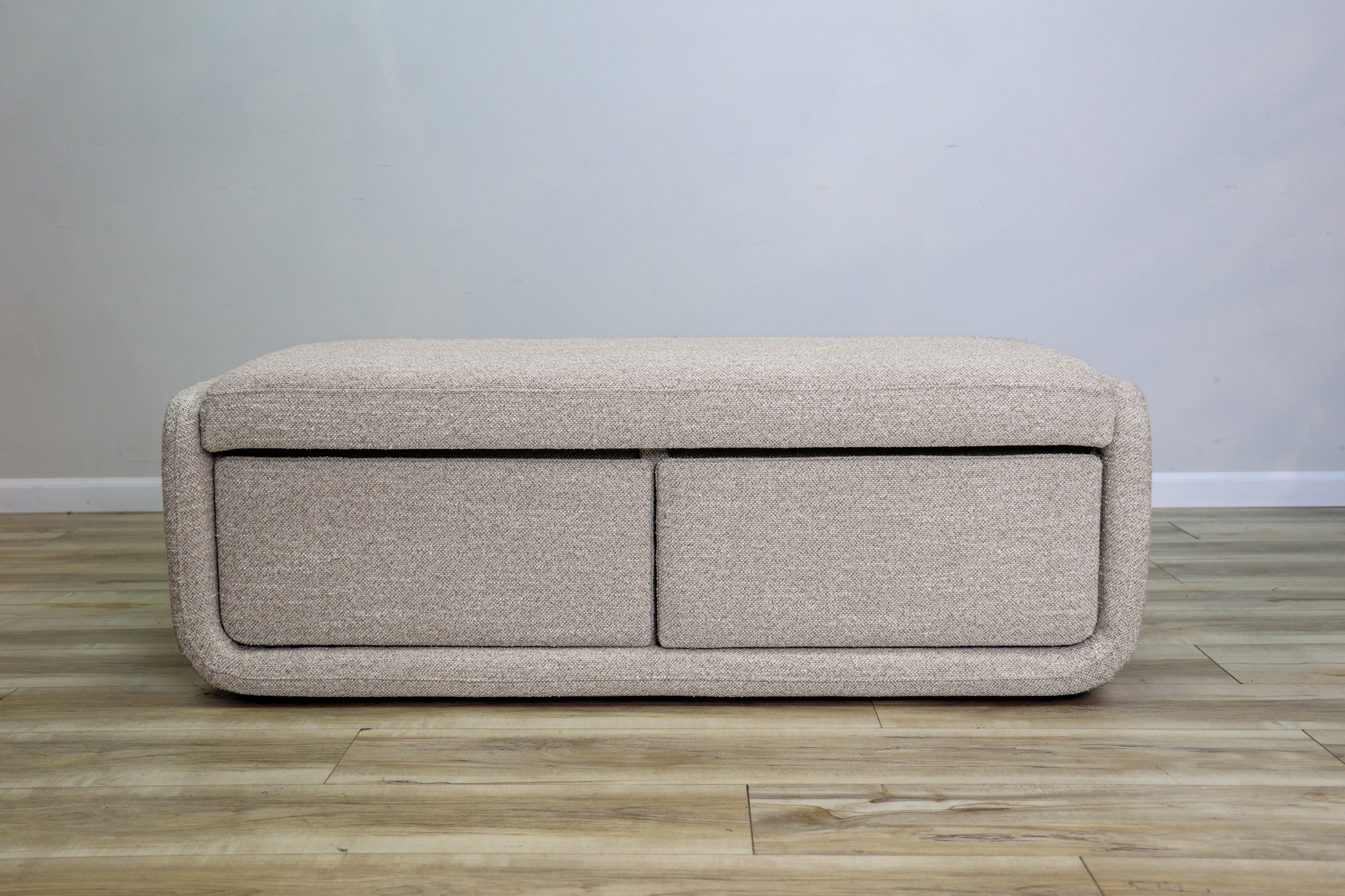 Bree storage bench in greige performance fabric with two pull-out drawers and a cushioned top, living room