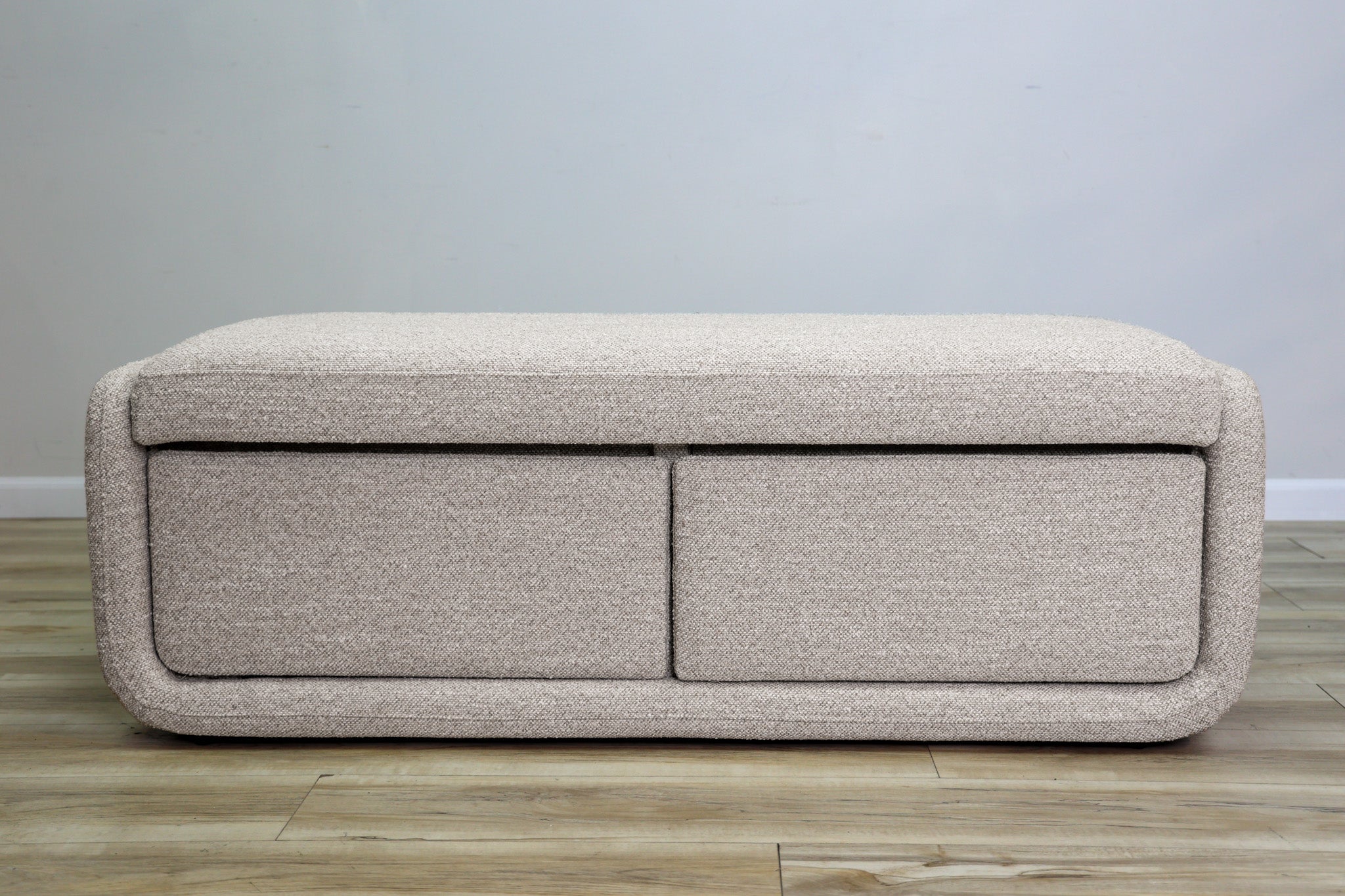 Bree storage bench in greige performance fabric with two pull-out drawers and a cushioned top, living room