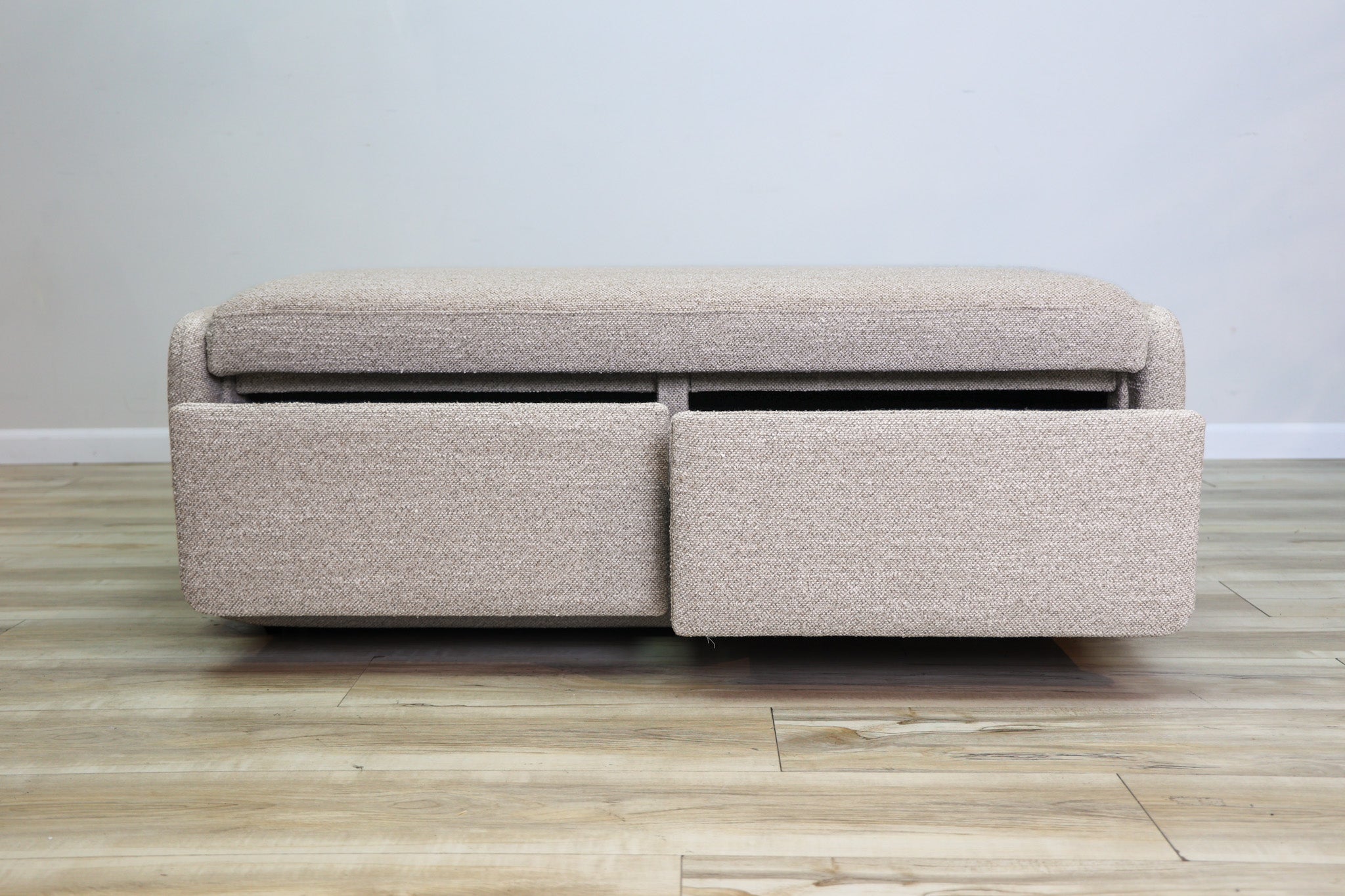 Bree storage bench in greige performance fabric with two pull-out drawers and a cushioned top, living room