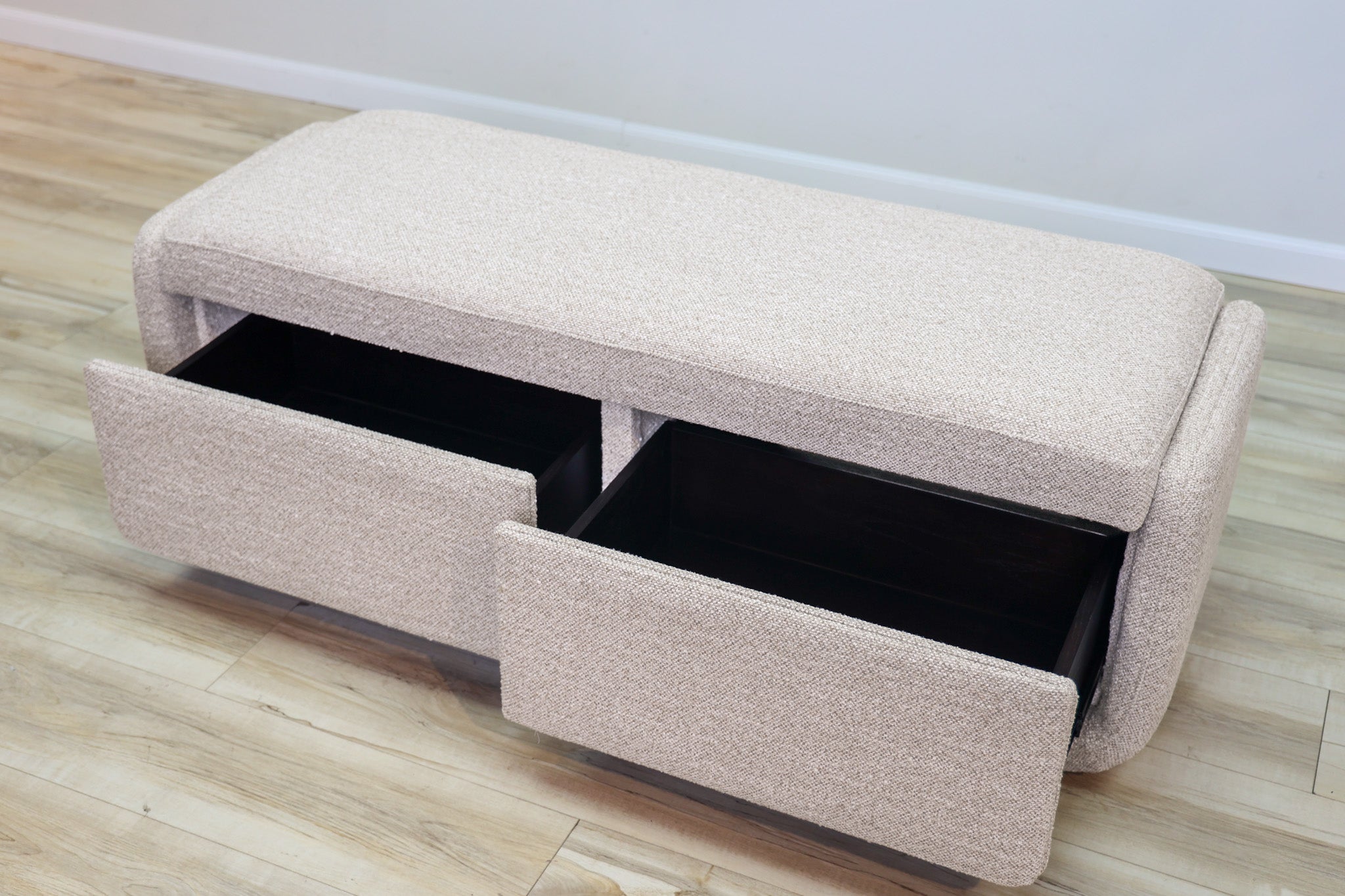 Bree storage bench in greige performance fabric with two pull-out drawers and a cushioned top, living room