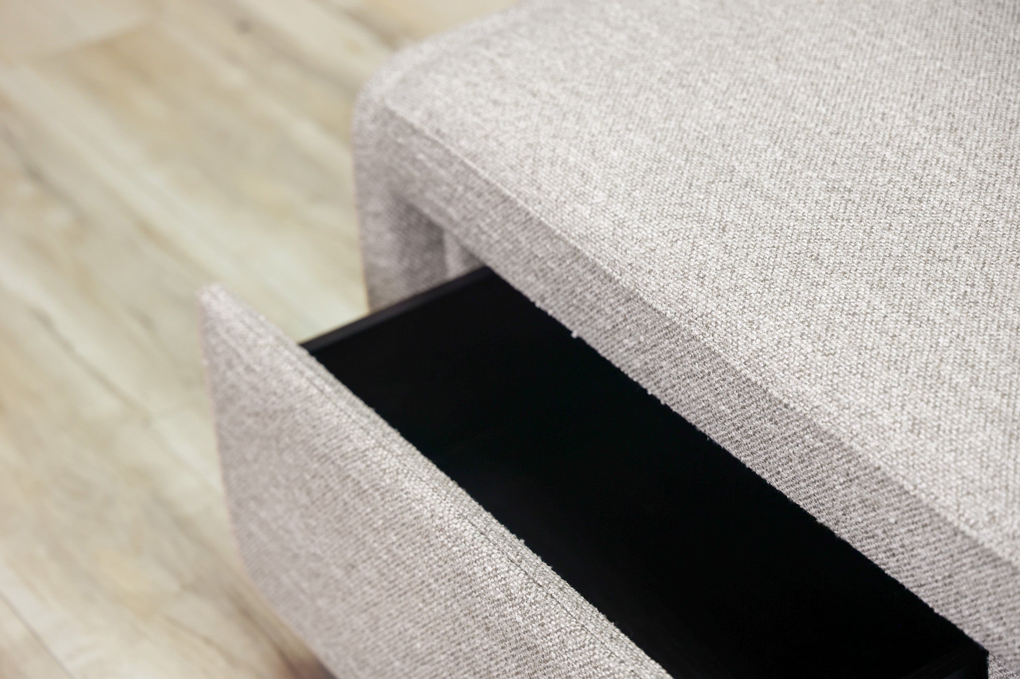 Bree storage bench in greige performance fabric with two pull-out drawers and a cushioned top, living room