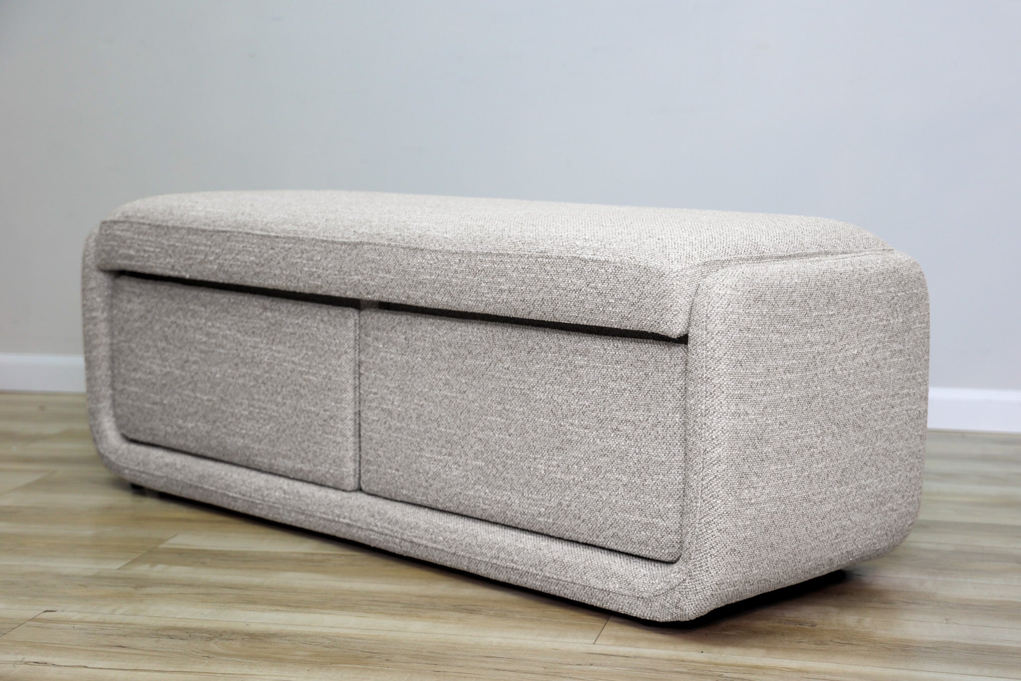 Bree storage bench in greige performance fabric with two pull-out drawers and a cushioned top, living room