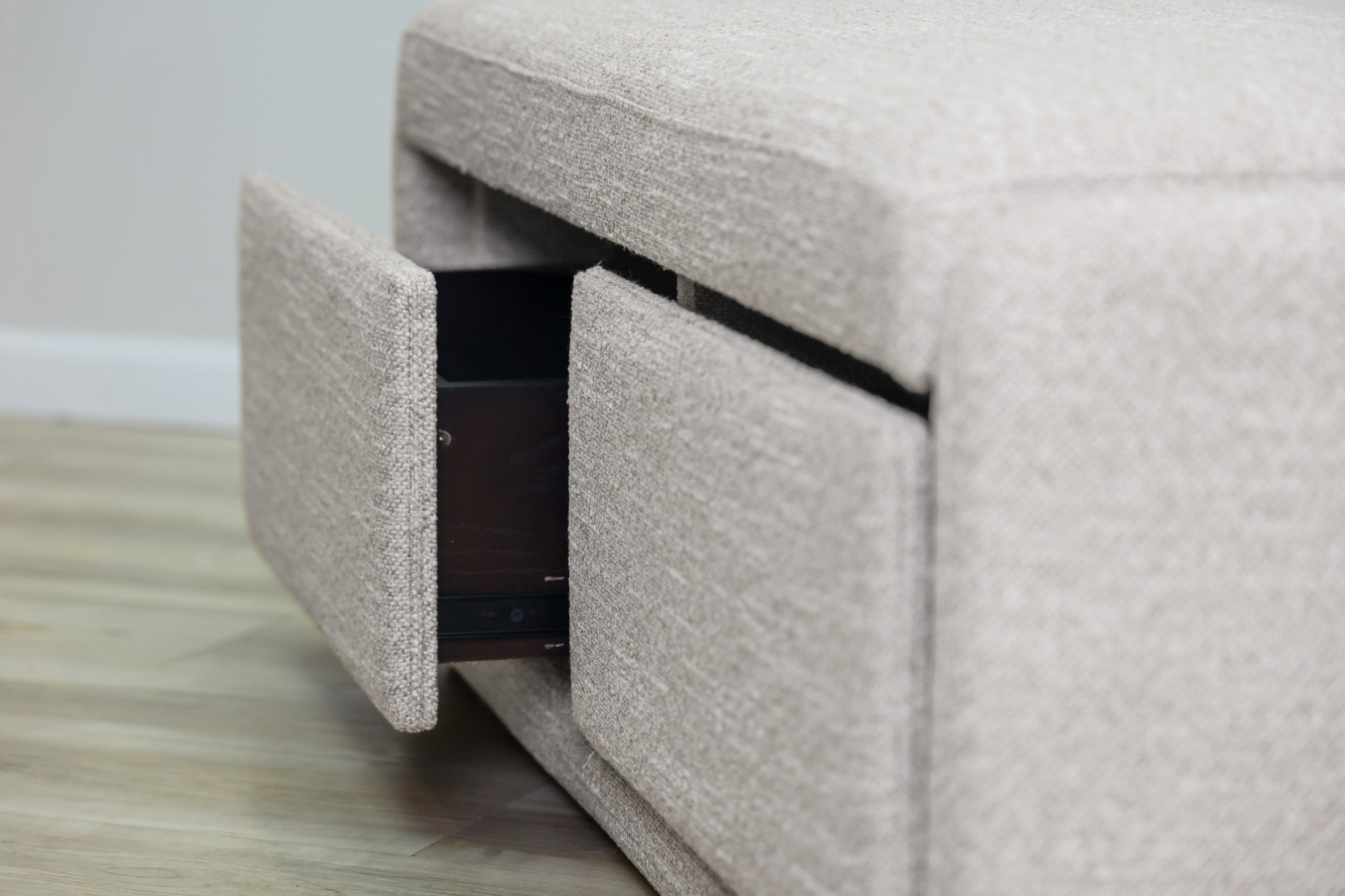 Bree storage bench in greige performance fabric with two pull-out drawers and a cushioned top, living room