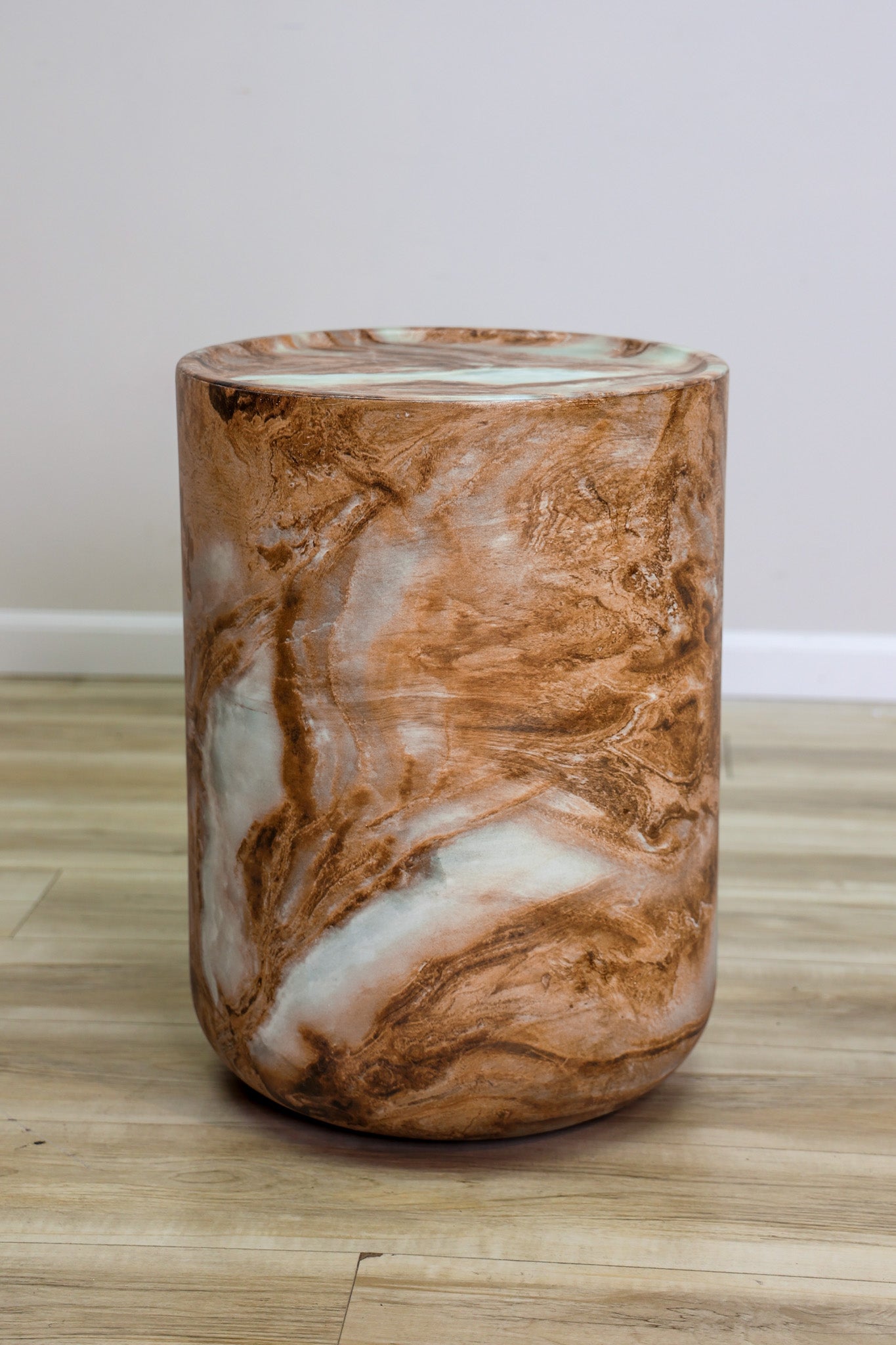 Koa cylindrical drum accent table in caramel faux-marble fiberglass-reinforced concrete, indoor or outdoor