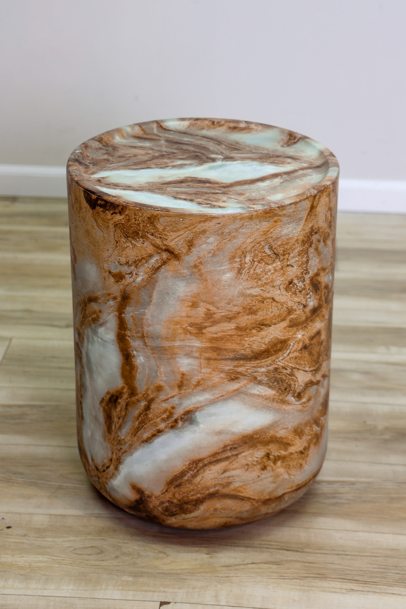 Koa cylindrical drum accent table in caramel faux-marble fiberglass-reinforced concrete, indoor or outdoor