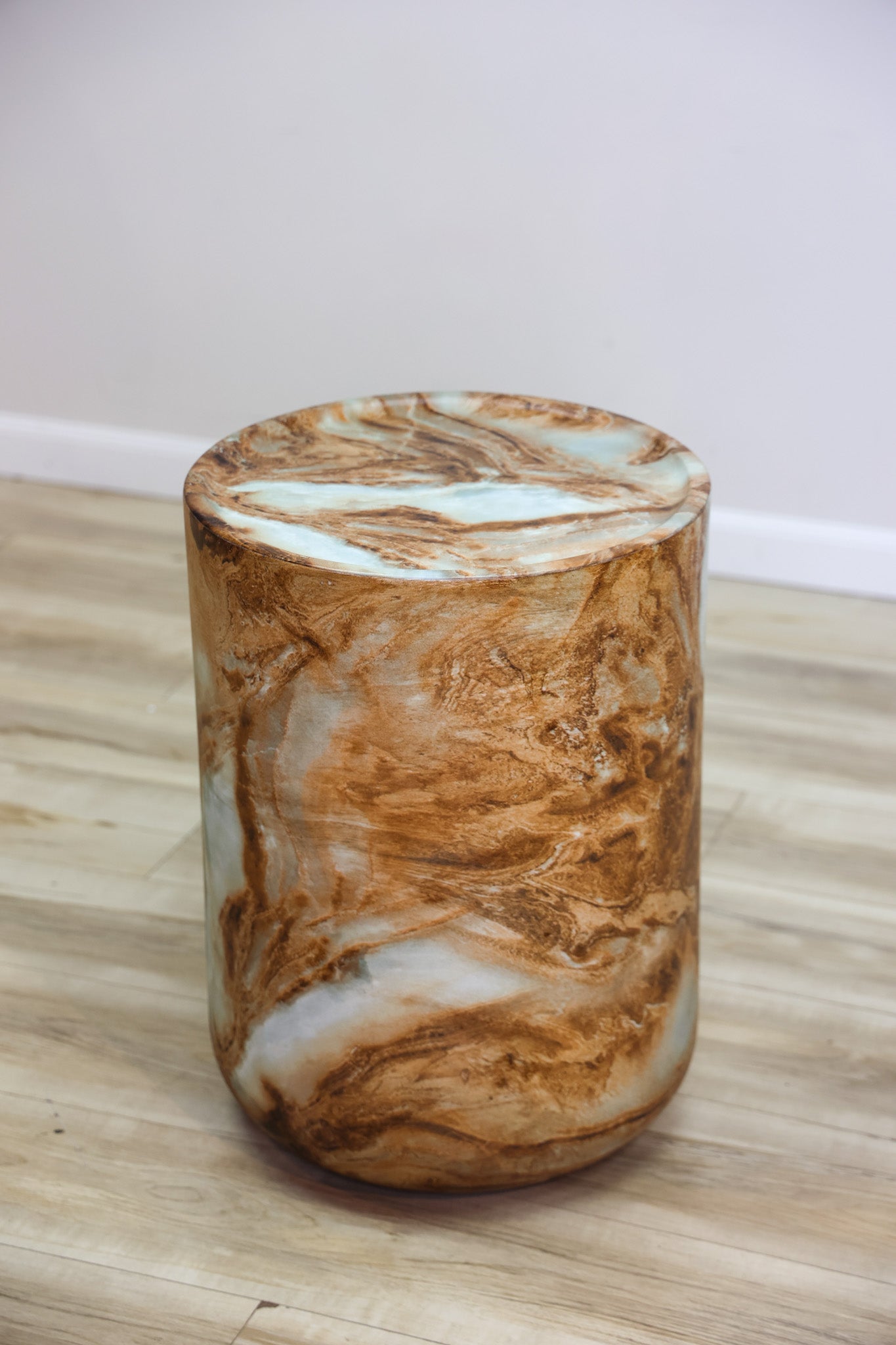 Koa cylindrical drum accent table in caramel faux-marble fiberglass-reinforced concrete, indoor or outdoor