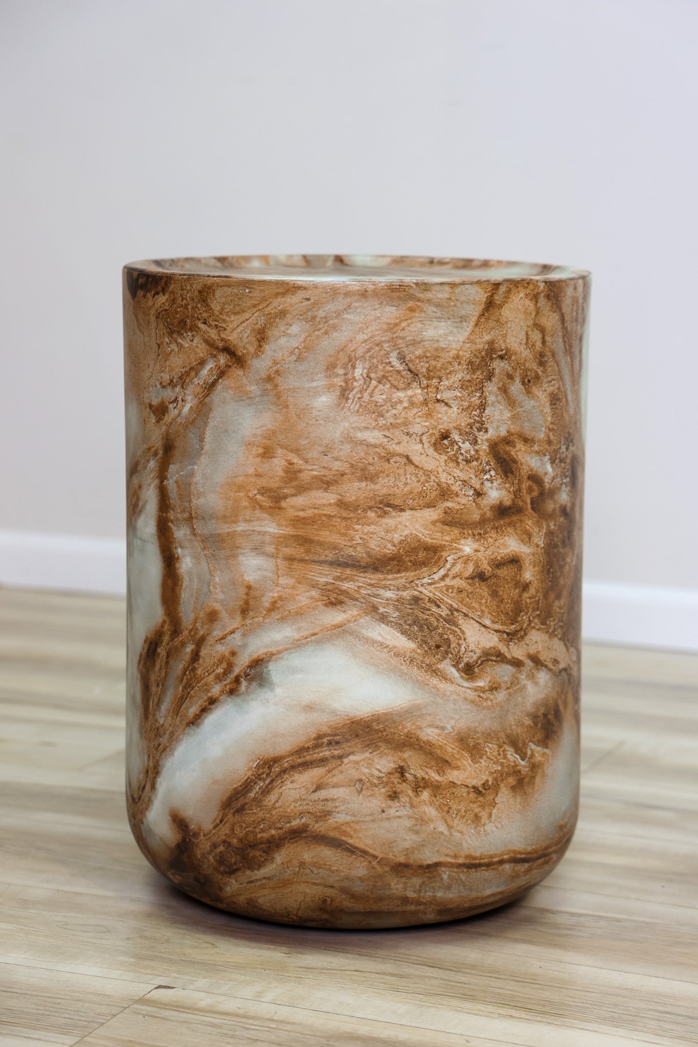 Koa cylindrical drum accent table in caramel faux-marble fiberglass-reinforced concrete, indoor or outdoor