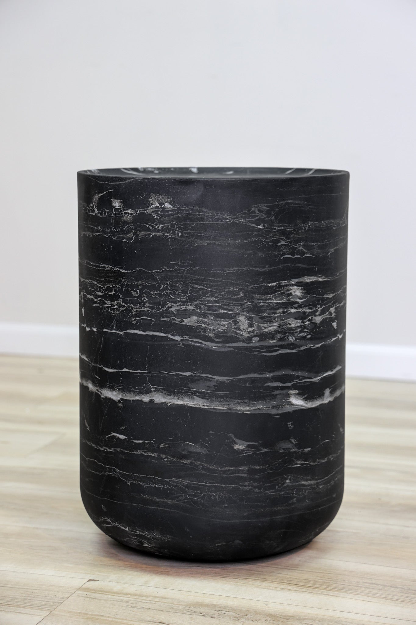 Fuji cylindrical drum accent table in black faux-marble fiberglass-reinforced concrete, indoor or outdoor
