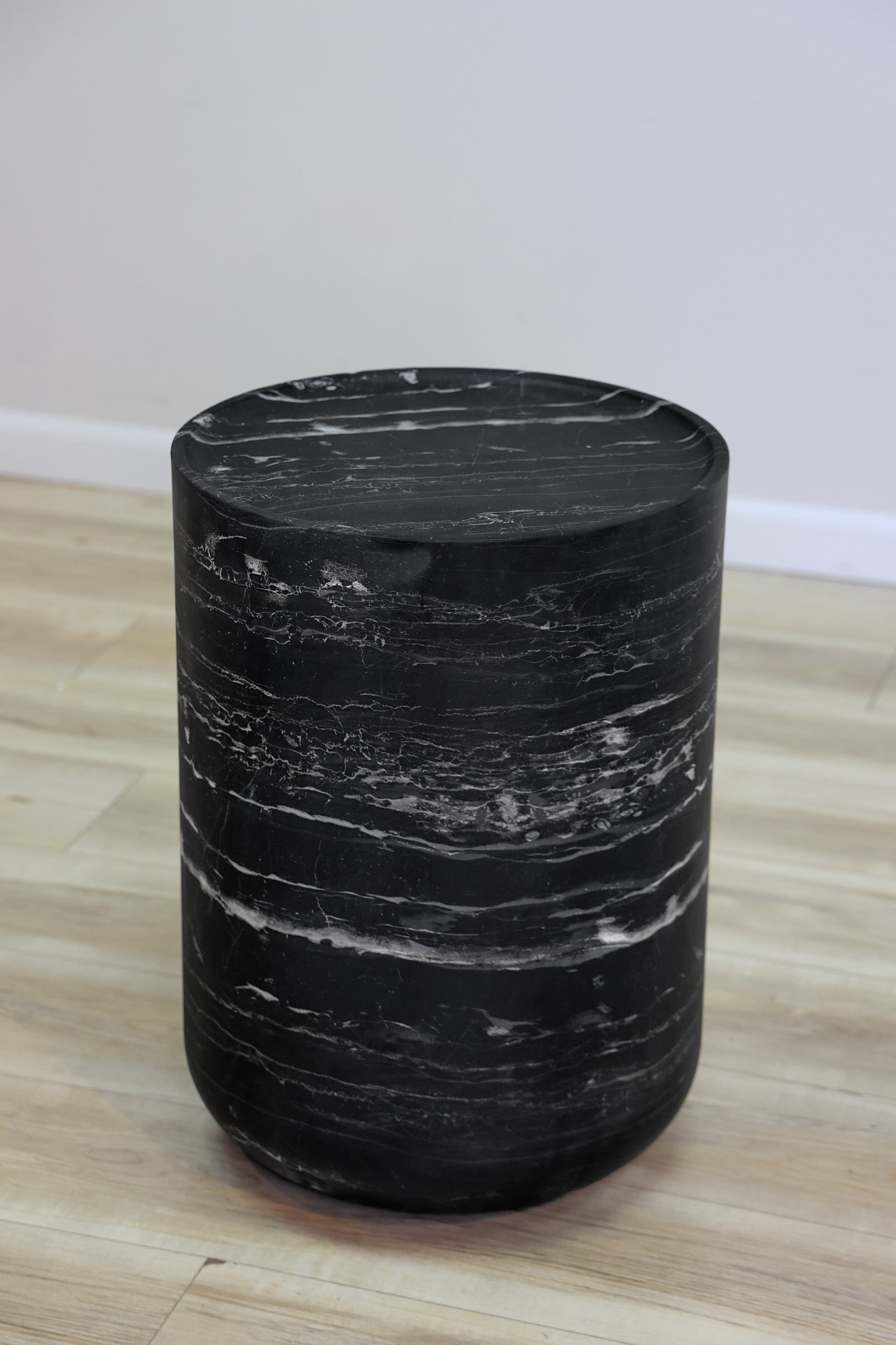 Fuji cylindrical drum accent table in black faux-marble fiberglass-reinforced concrete, indoor or outdoor