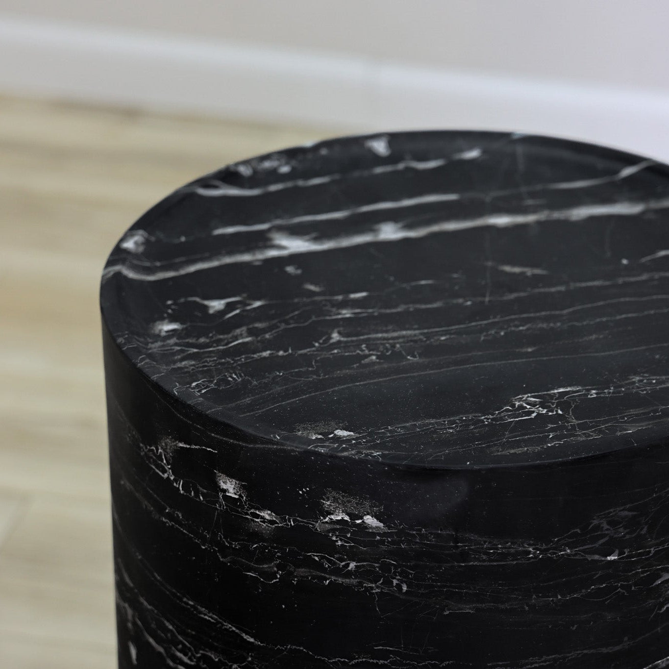 Fuji cylindrical drum accent table in black faux-marble fiberglass-reinforced concrete, indoor or outdoor