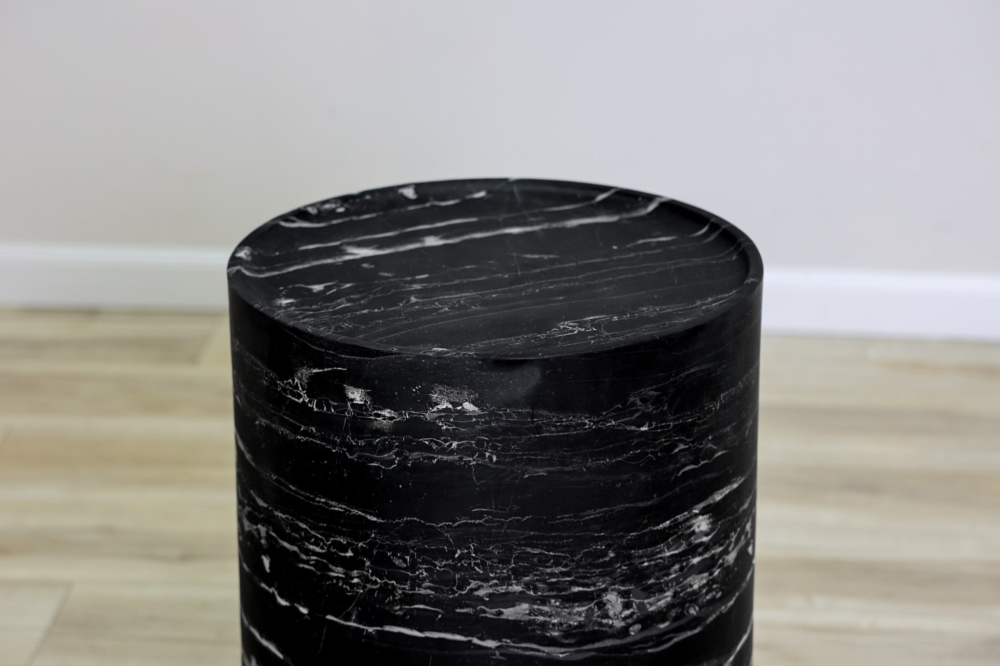 Fuji cylindrical drum accent table in black faux-marble fiberglass-reinforced concrete, indoor or outdoor