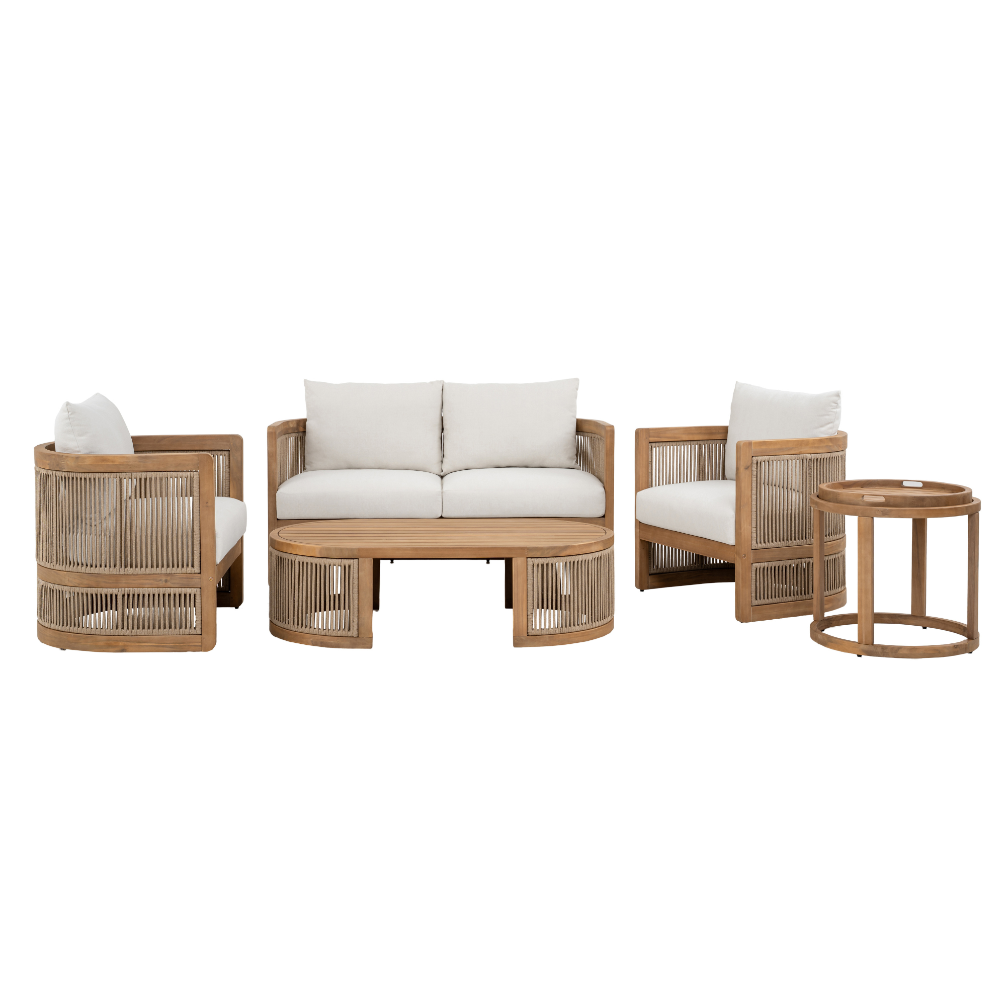 Napa outdoor loveseat with a natural wood frame, woven rope detailing, and ivory all-weather cushions, patio
