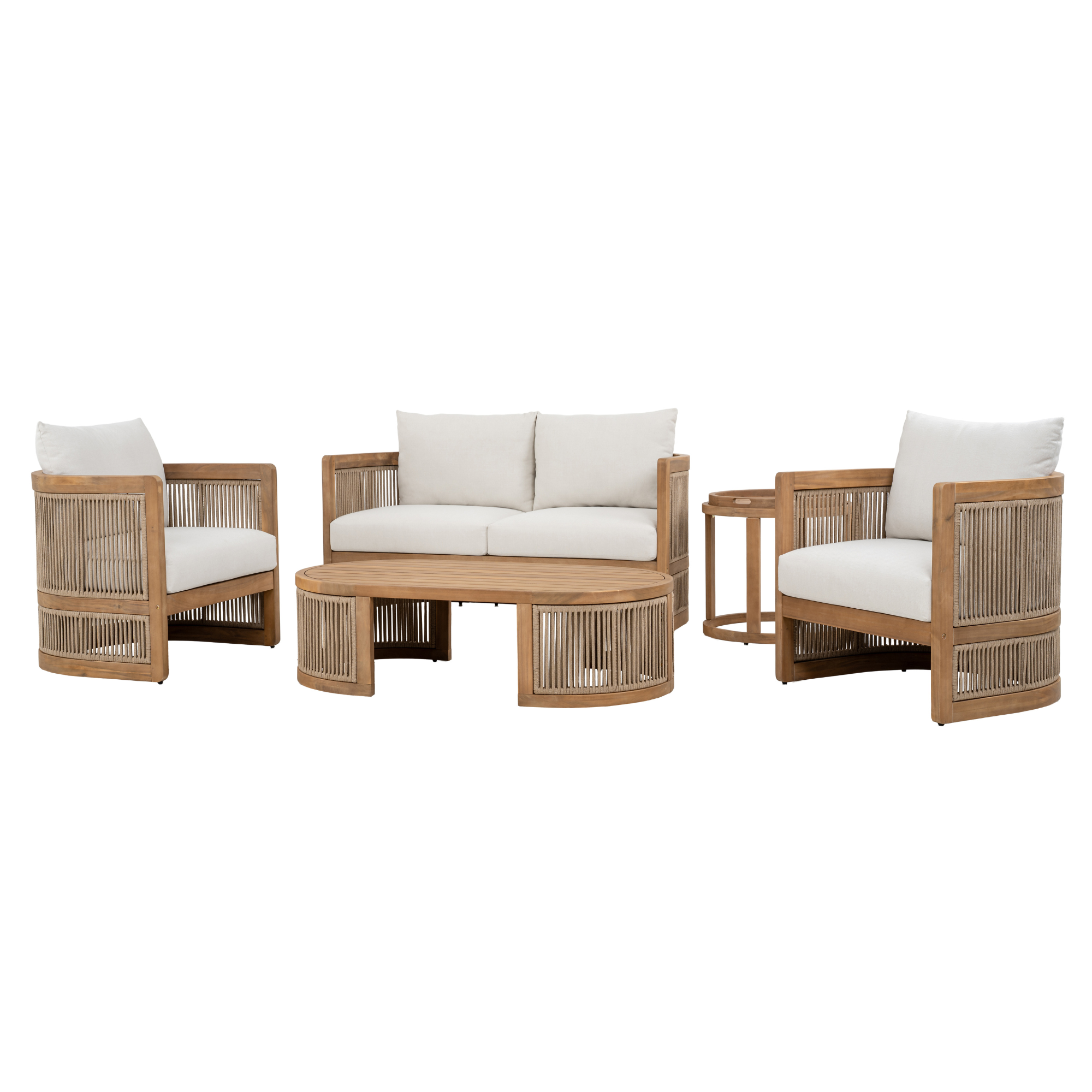 Napa outdoor accent table, round natural wood side table with a removable slatted tray top, patio