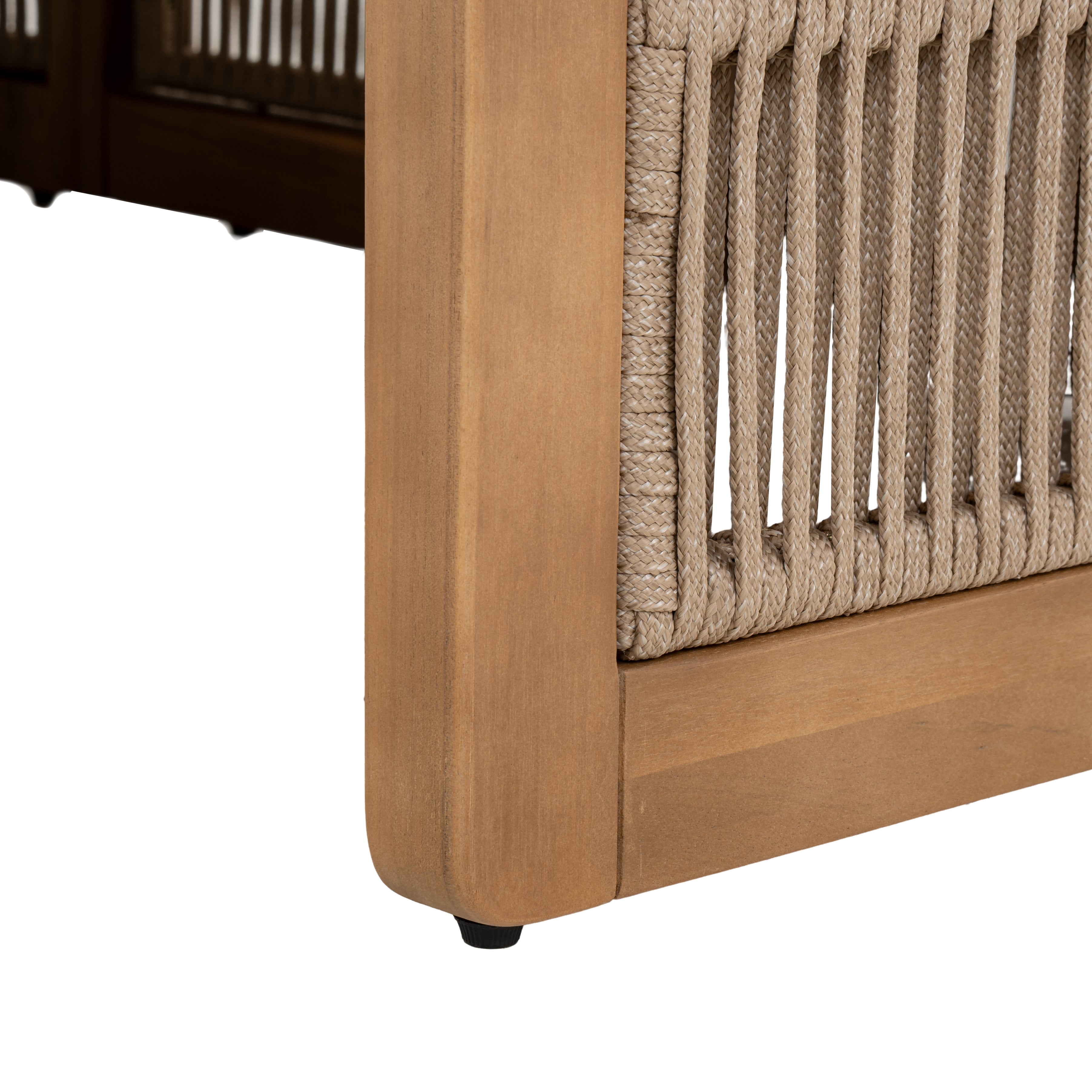 Napa outdoor accent chair with a natural wood frame, woven rope detailing, and ivory all-weather cushions, patio