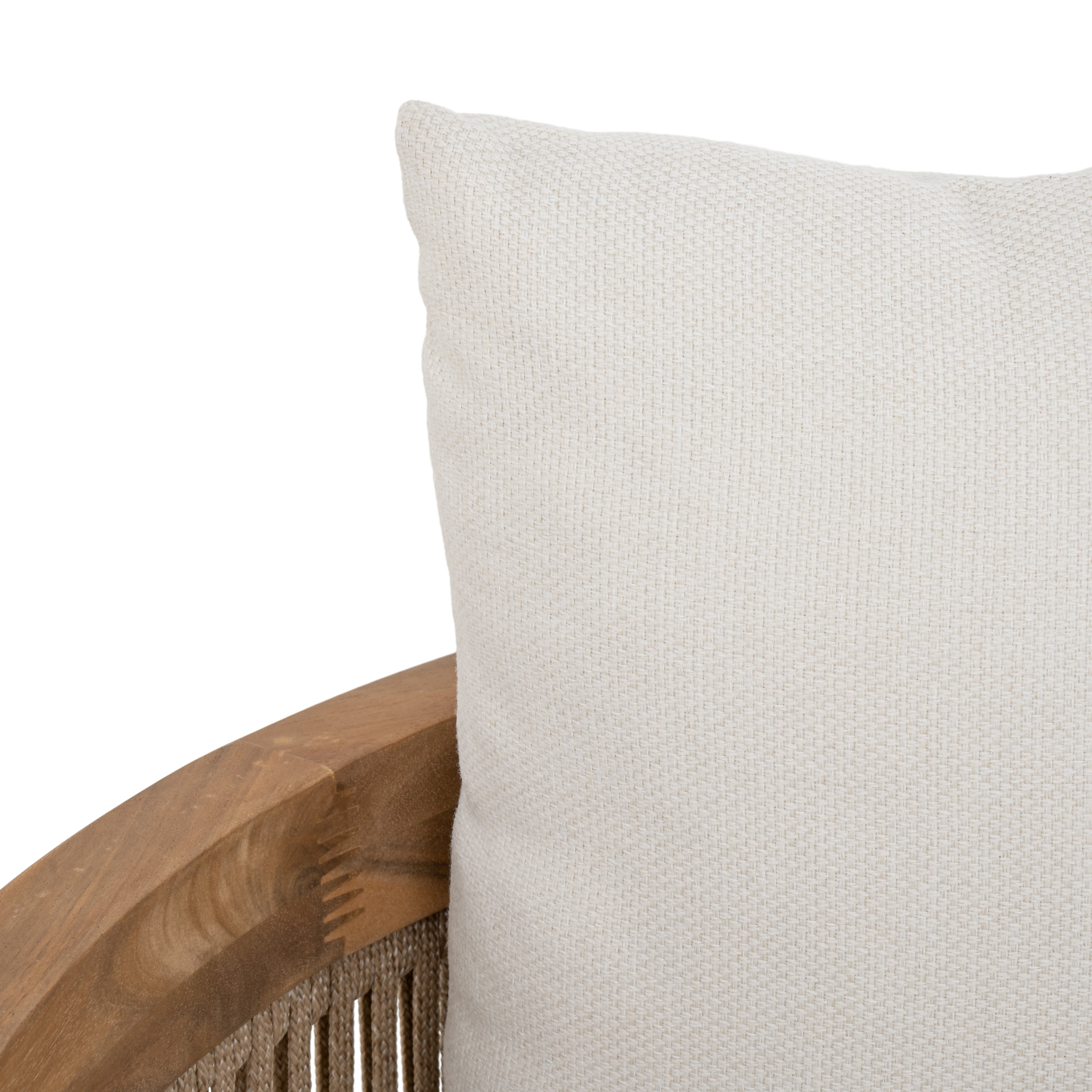 Napa outdoor accent chair with a natural wood frame, woven rope detailing, and ivory all-weather cushions, patio