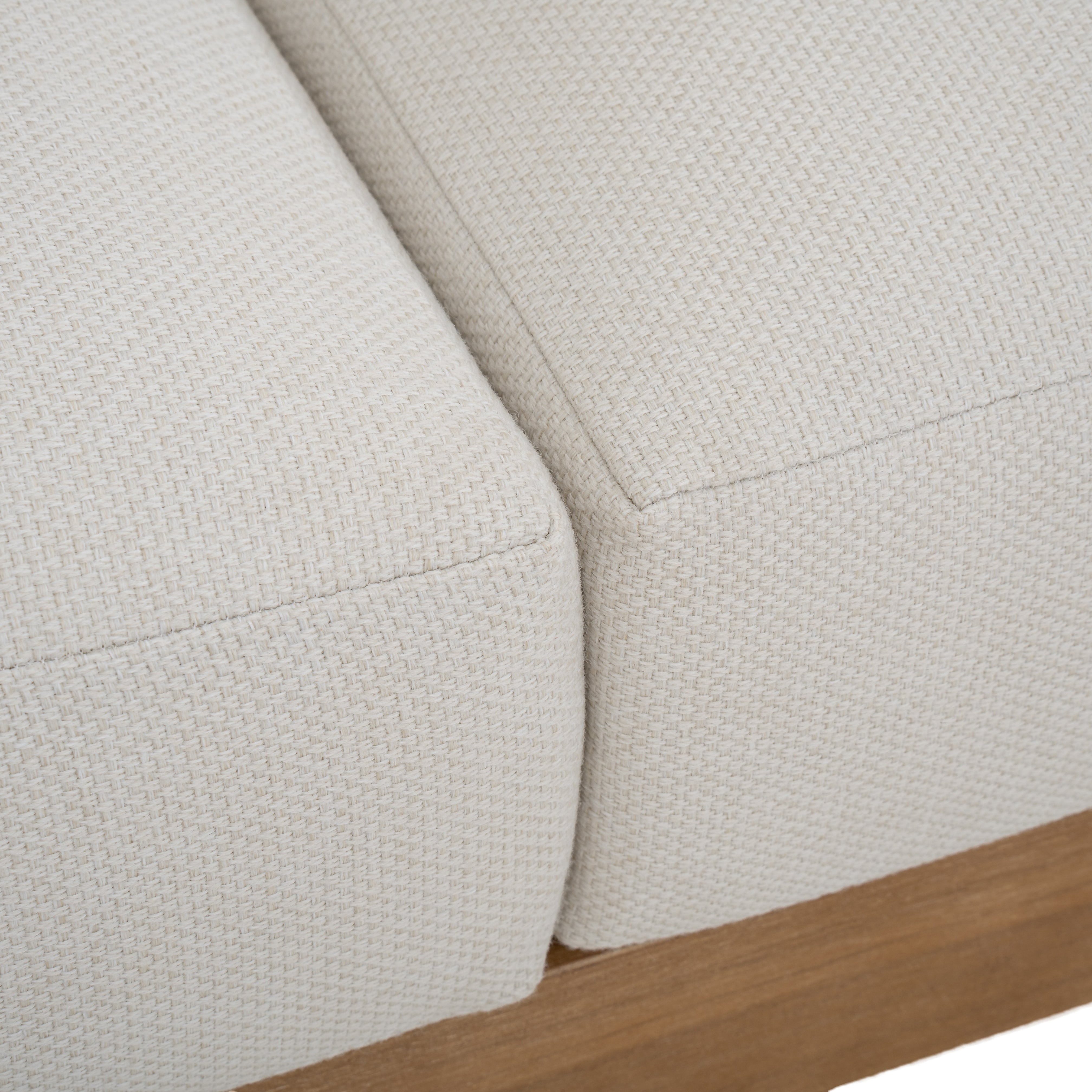 Napa outdoor loveseat with a natural wood frame, woven rope detailing, and ivory all-weather cushions, patio