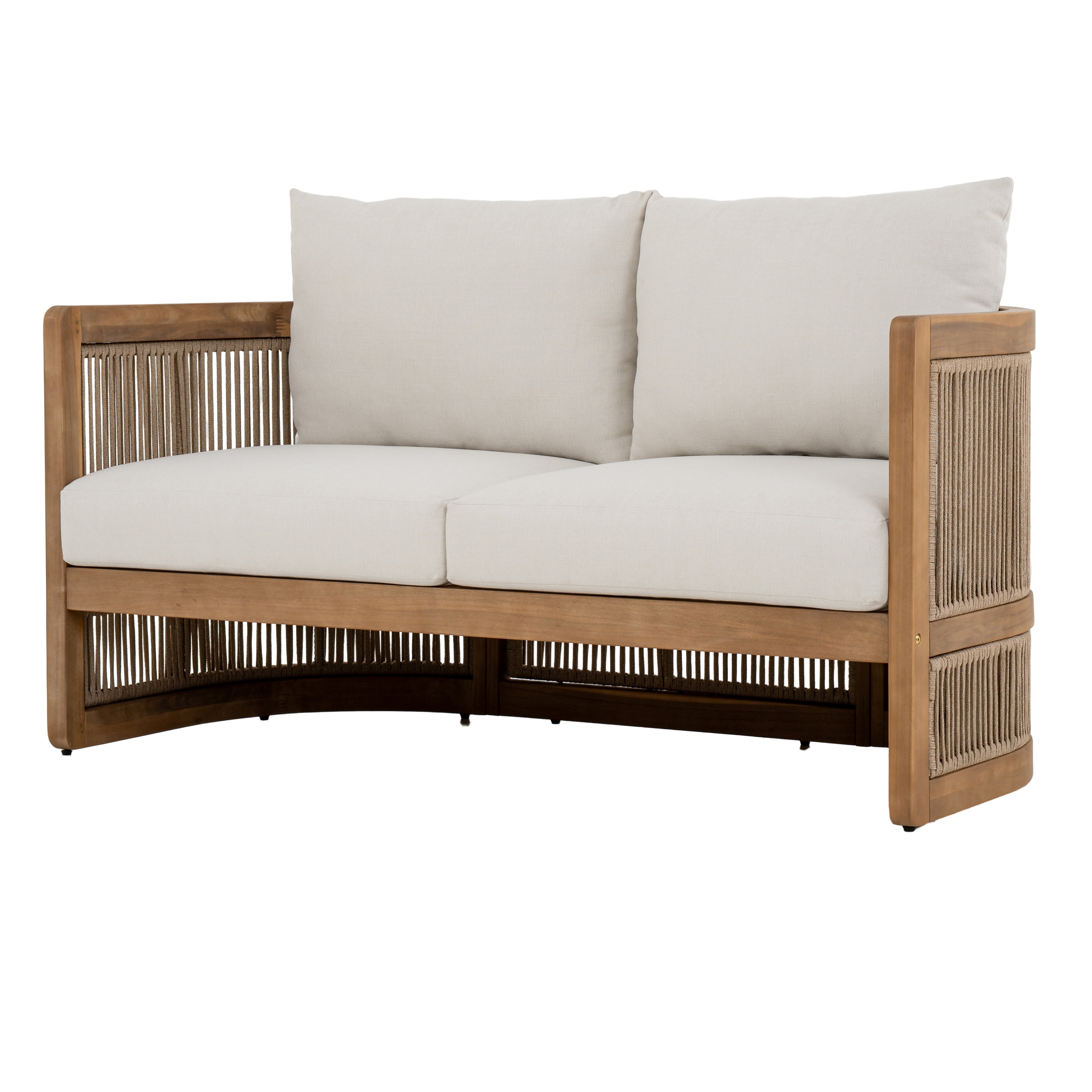 Napa outdoor loveseat with a natural wood frame, woven rope detailing, and ivory all-weather cushions, patio