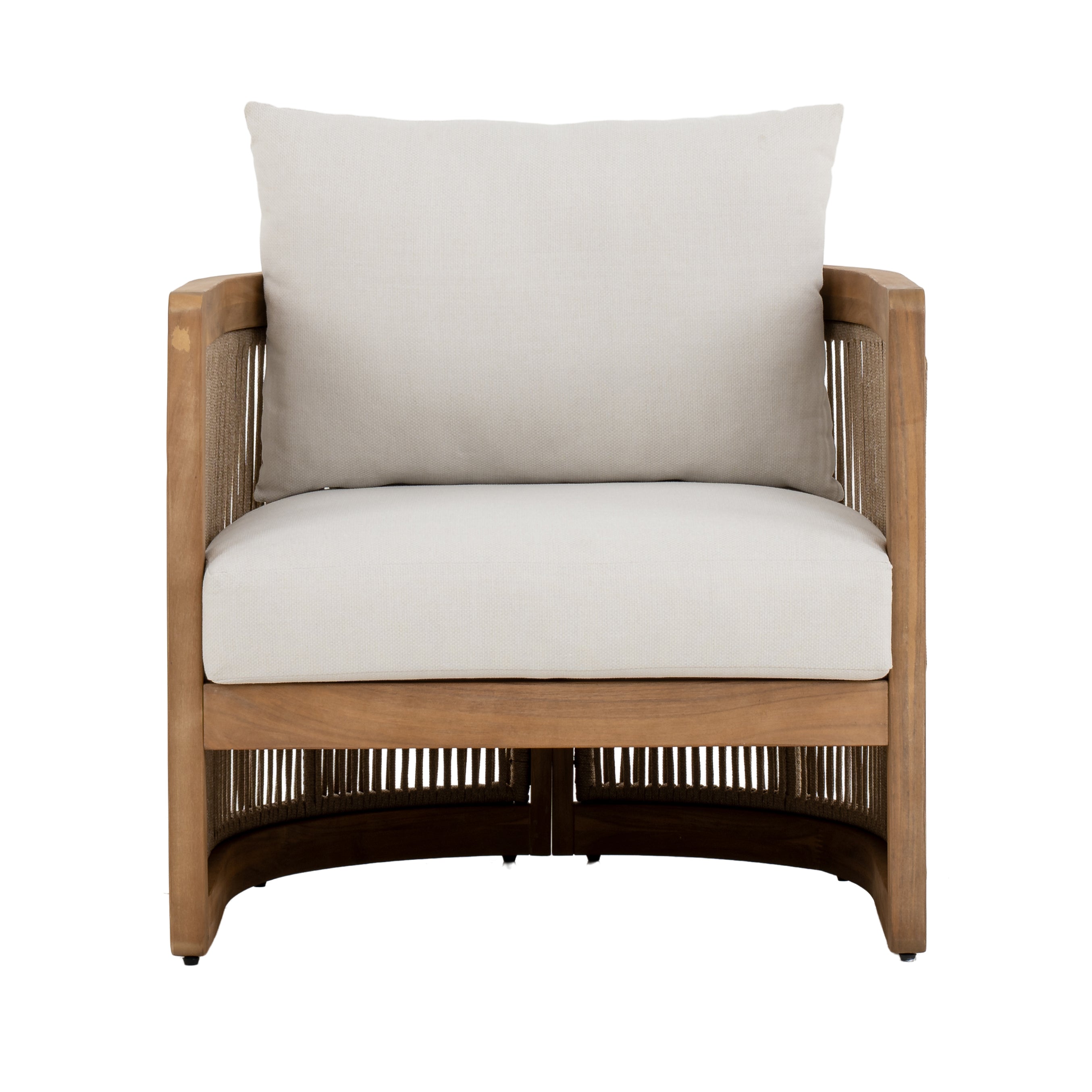 Napa outdoor accent chair with a natural wood frame, woven rope detailing, and ivory all-weather cushions, patio