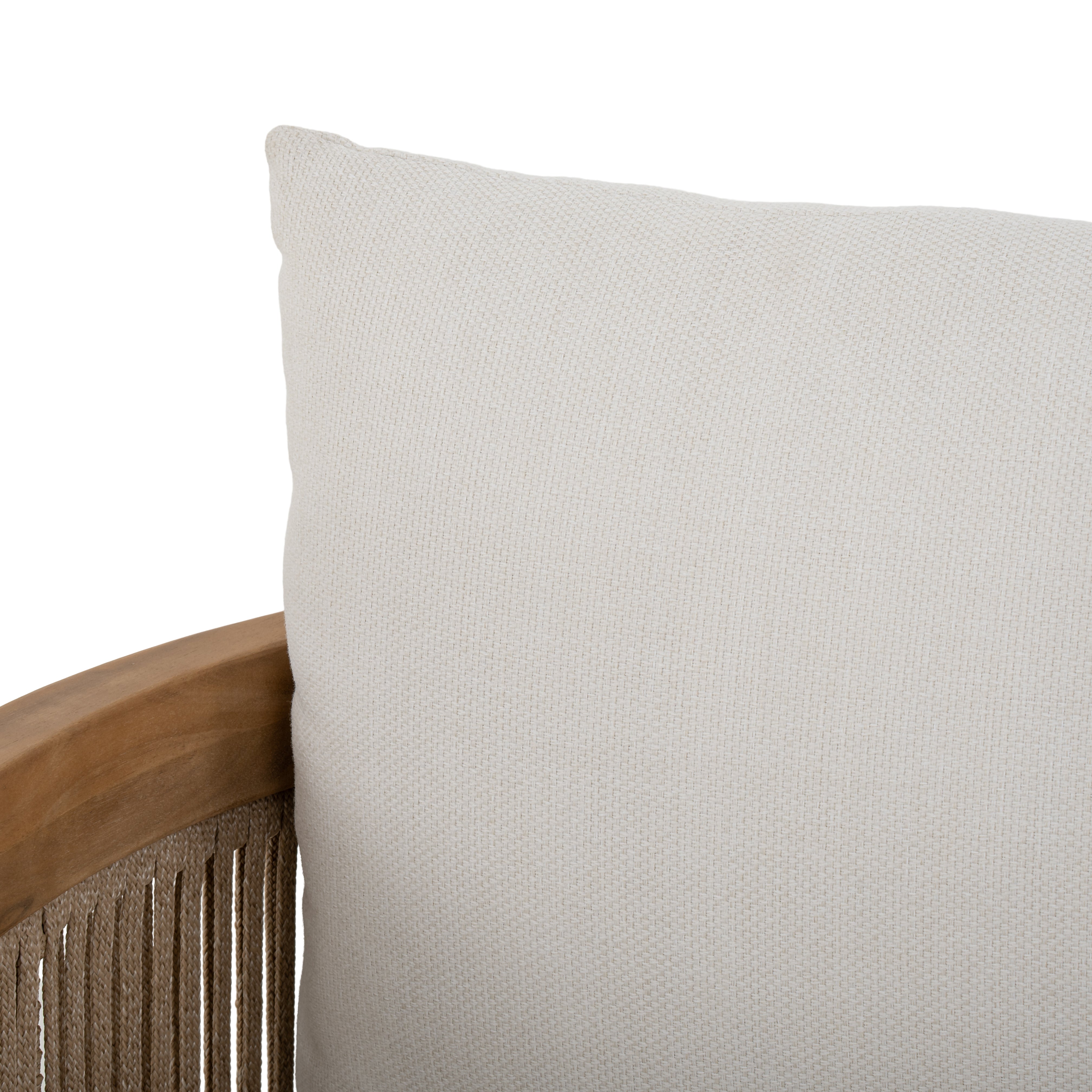 Napa outdoor accent chair with a natural wood frame, woven rope detailing, and ivory all-weather cushions, patio
