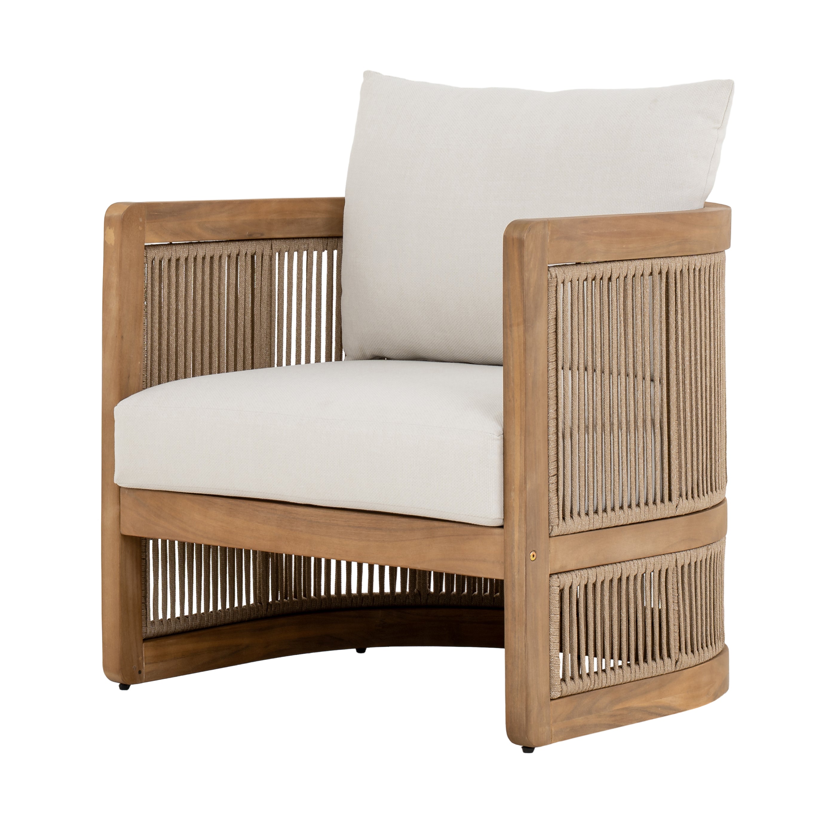 Napa outdoor accent chair with a natural wood frame, woven rope detailing, and ivory all-weather cushions, patio