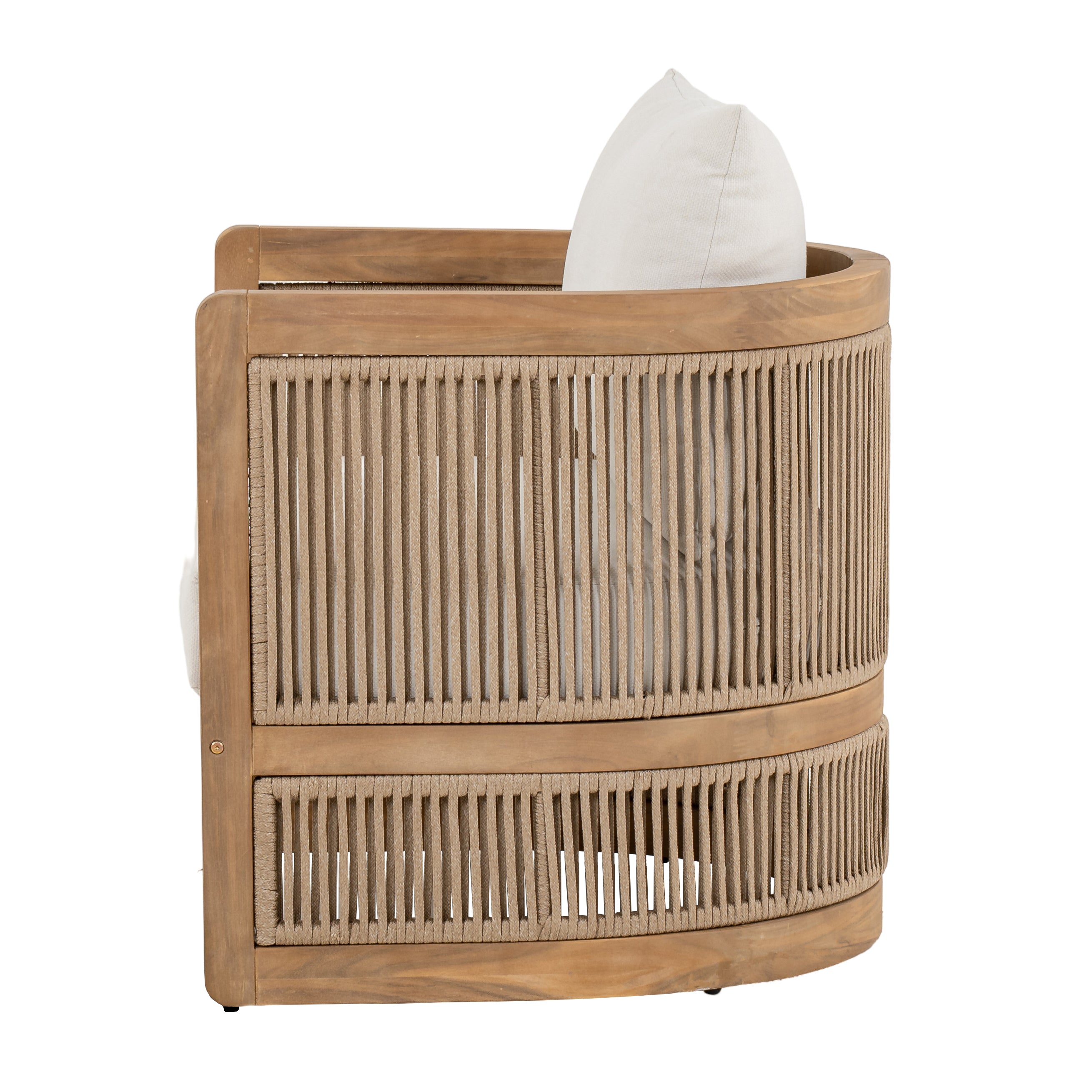 Napa outdoor accent chair with a natural wood frame, woven rope detailing, and ivory all-weather cushions, patio