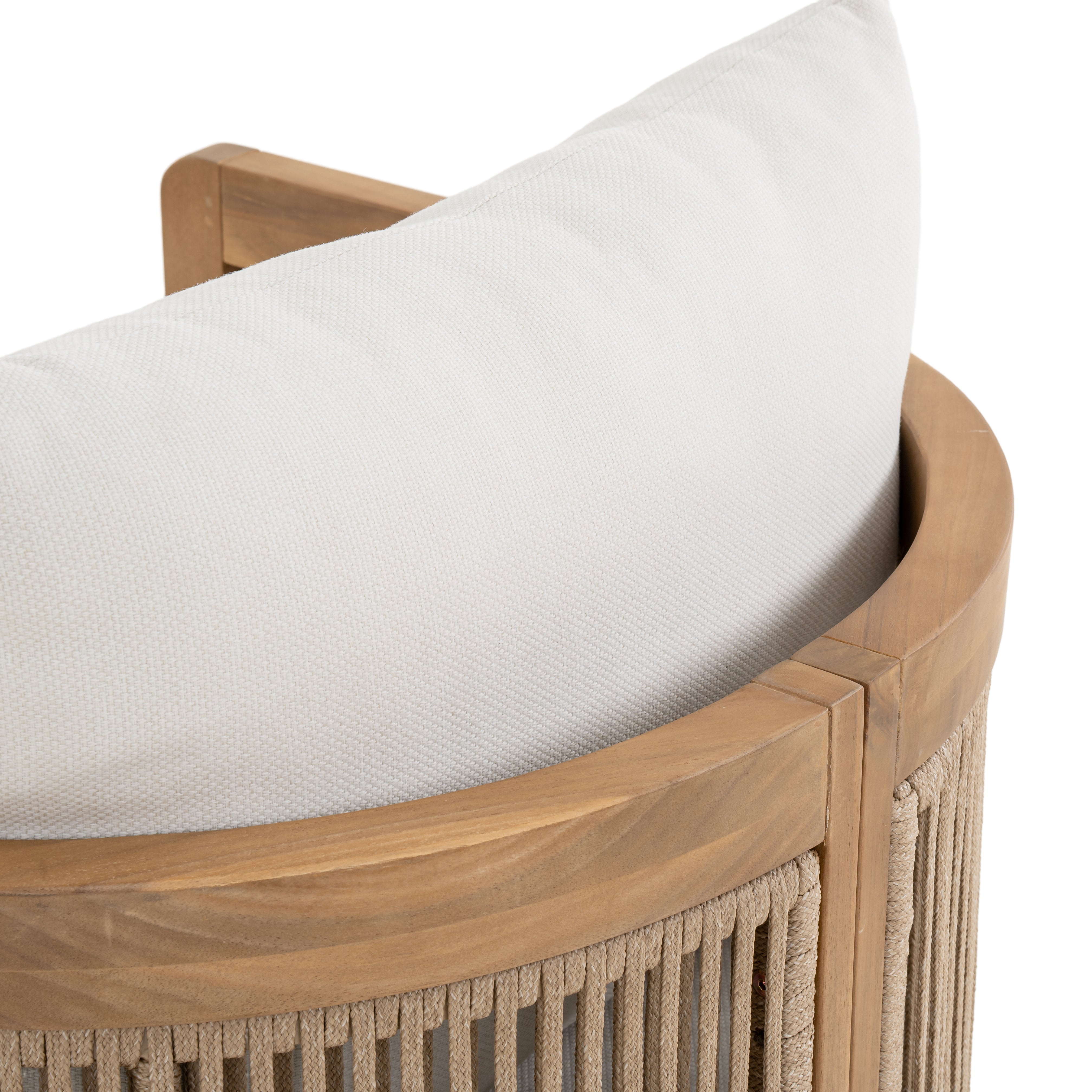 Napa outdoor accent chair with a natural wood frame, woven rope detailing, and ivory all-weather cushions, patio
