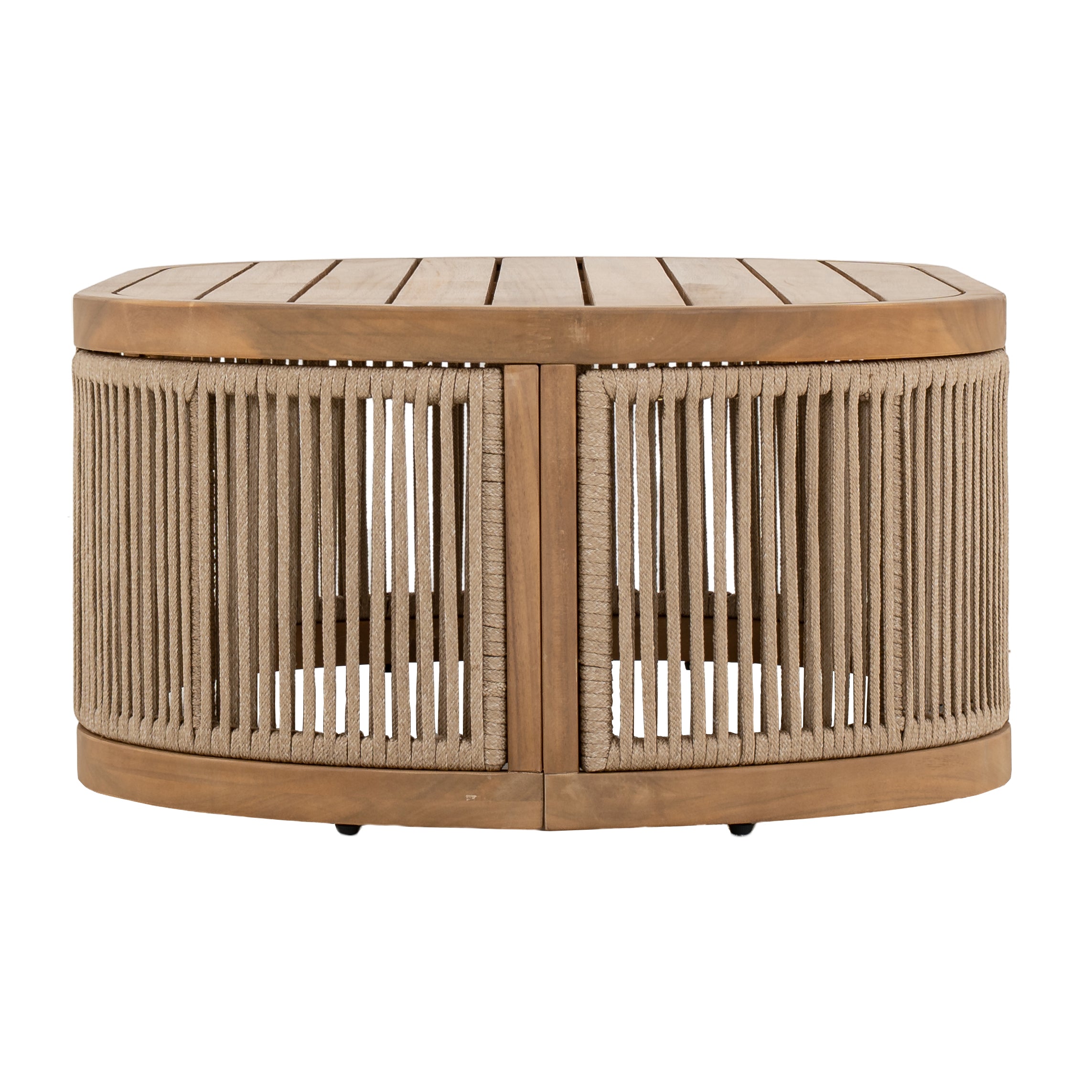 Napa outdoor coffee table with an oval slatted wood top and rope-wrapped legs, patio