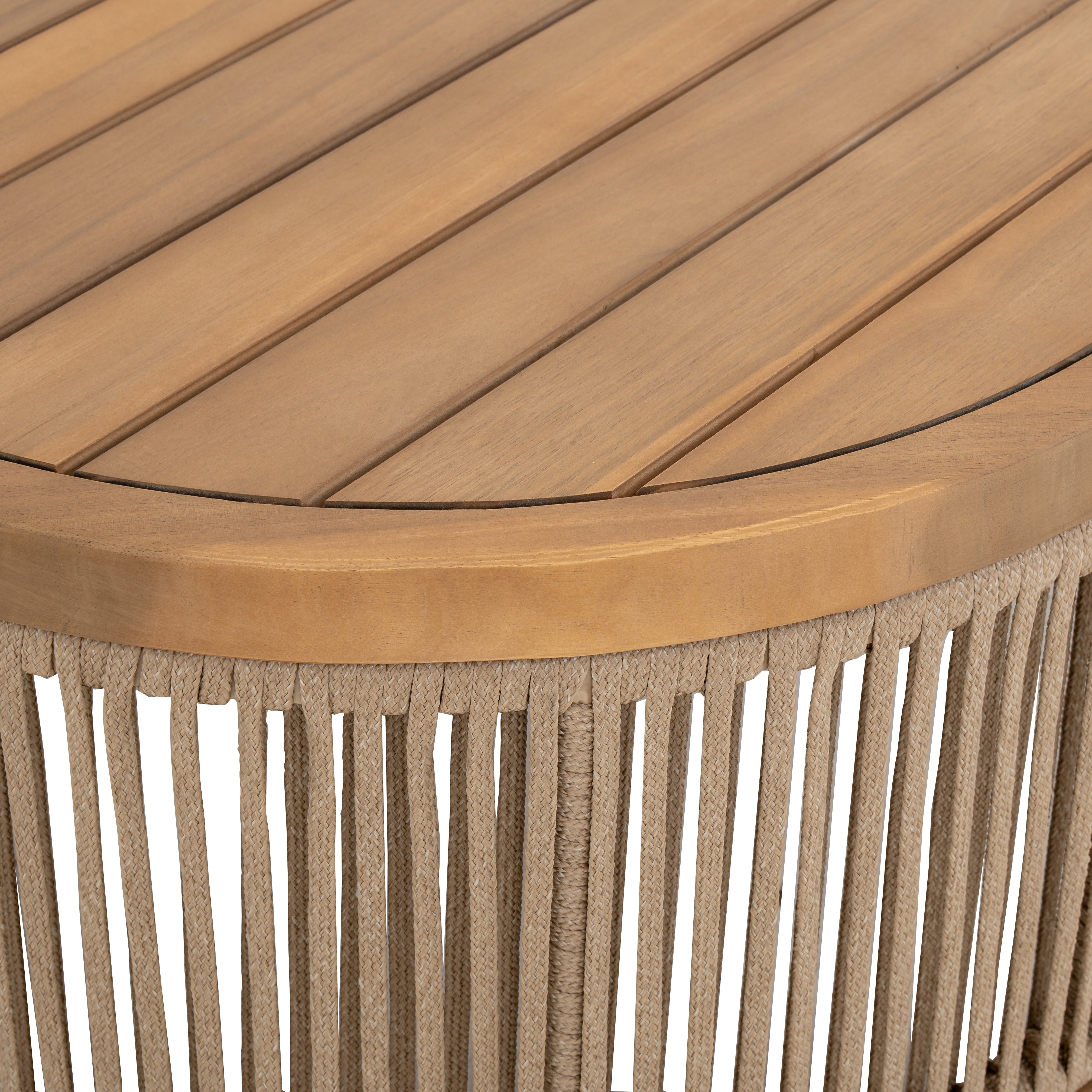 Napa outdoor coffee table with an oval slatted wood top and rope-wrapped legs, patio