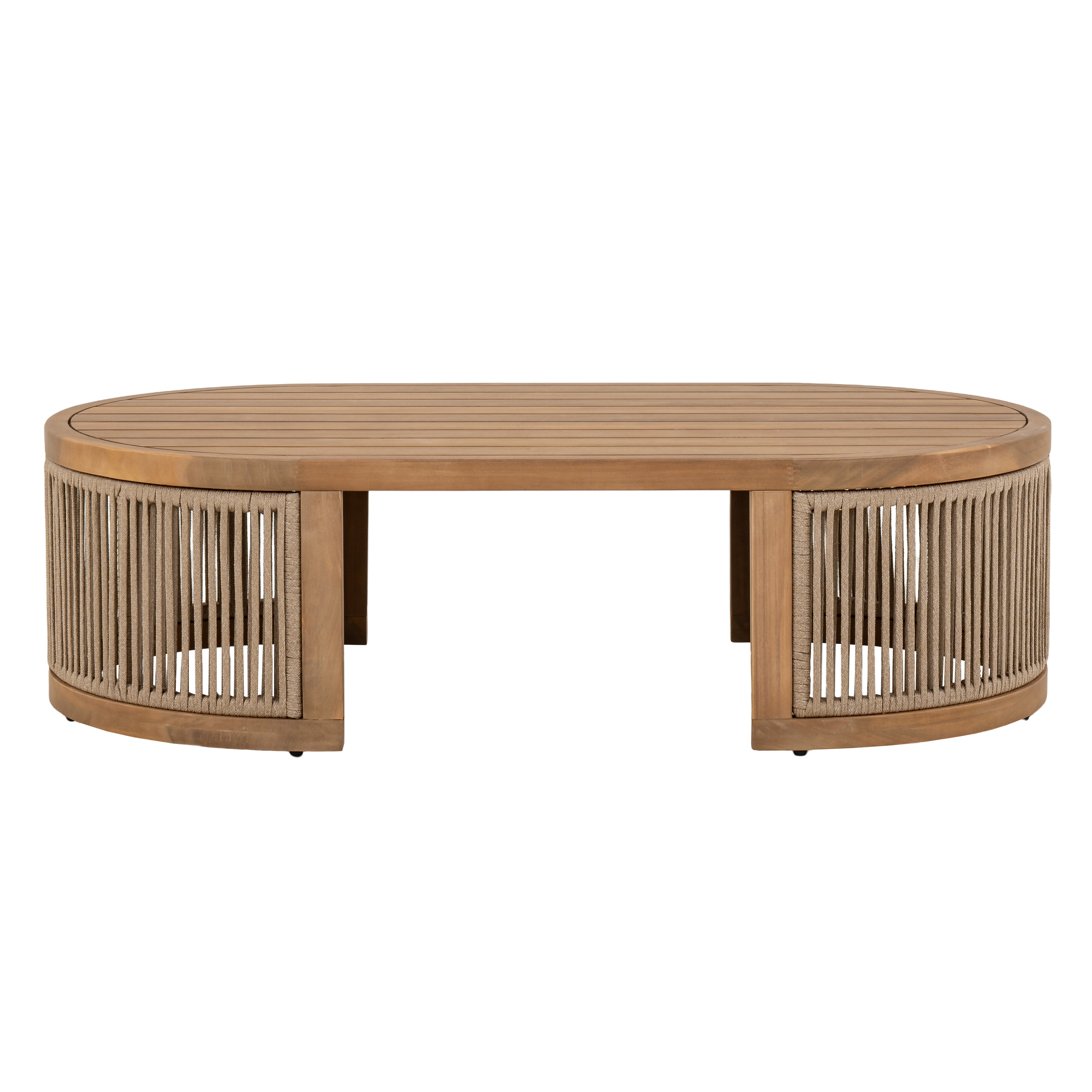 Napa outdoor coffee table with an oval slatted wood top and rope-wrapped legs, patio