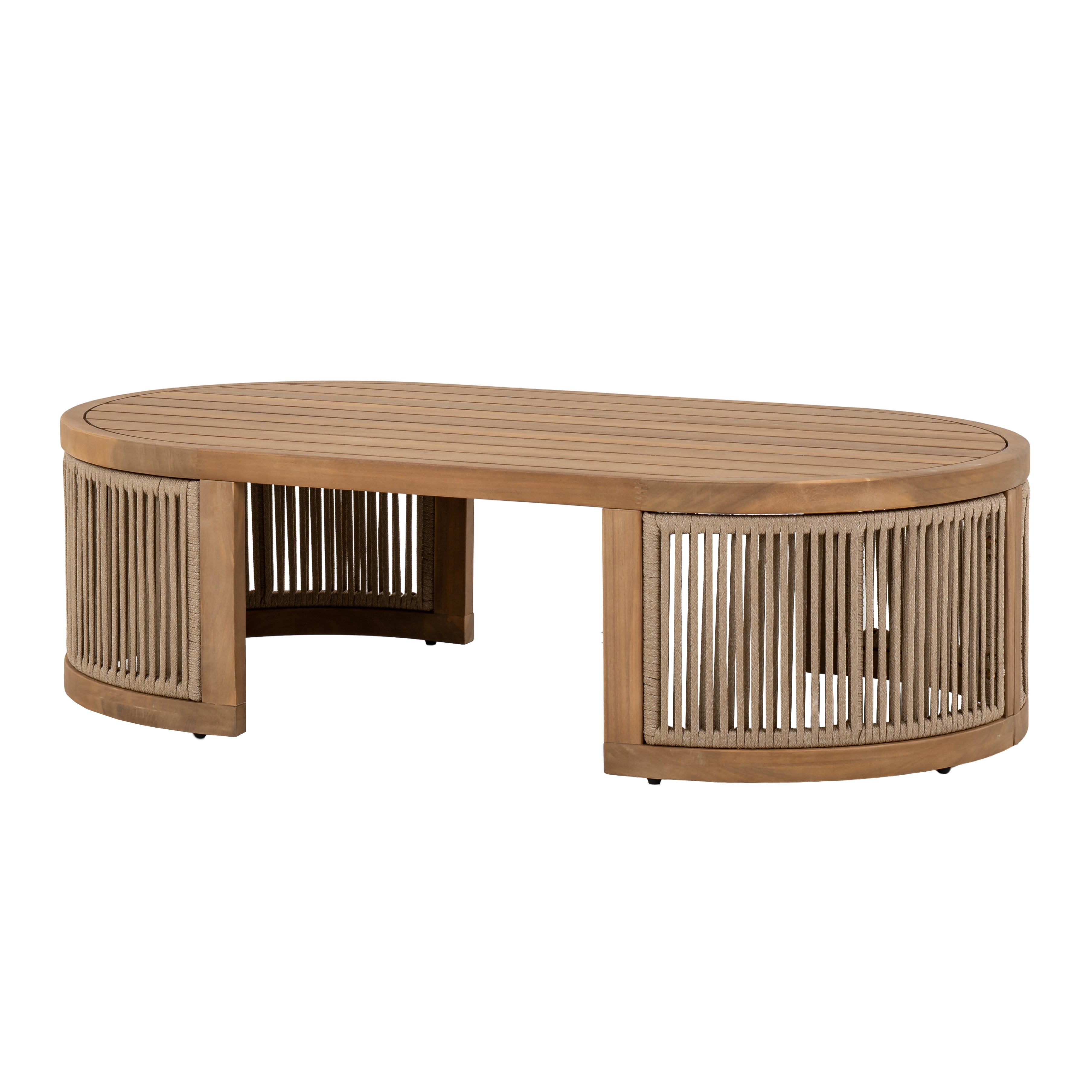 Napa outdoor coffee table with an oval slatted wood top and rope-wrapped legs, patio