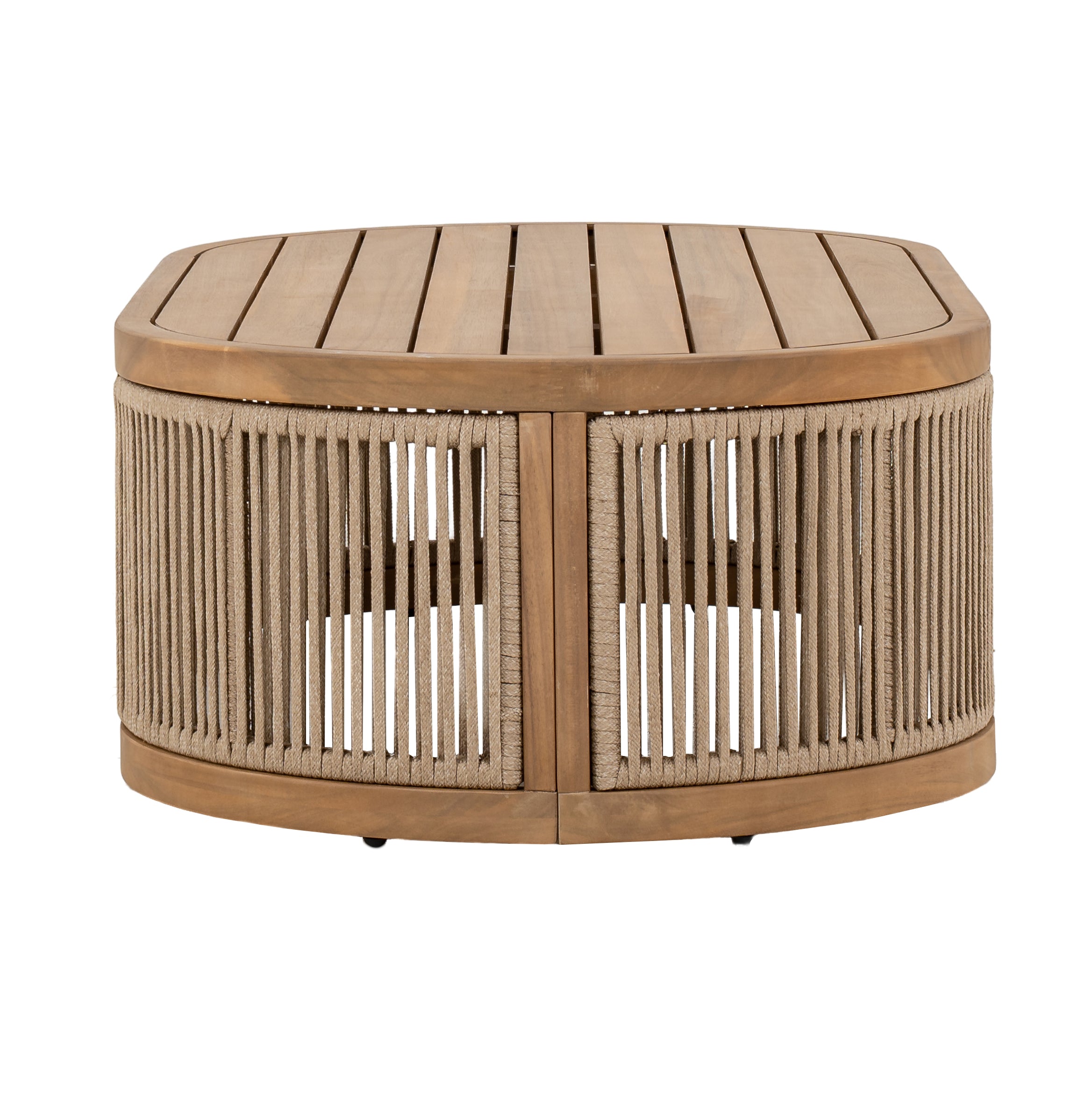 Napa outdoor coffee table with an oval slatted wood top and rope-wrapped legs, patio