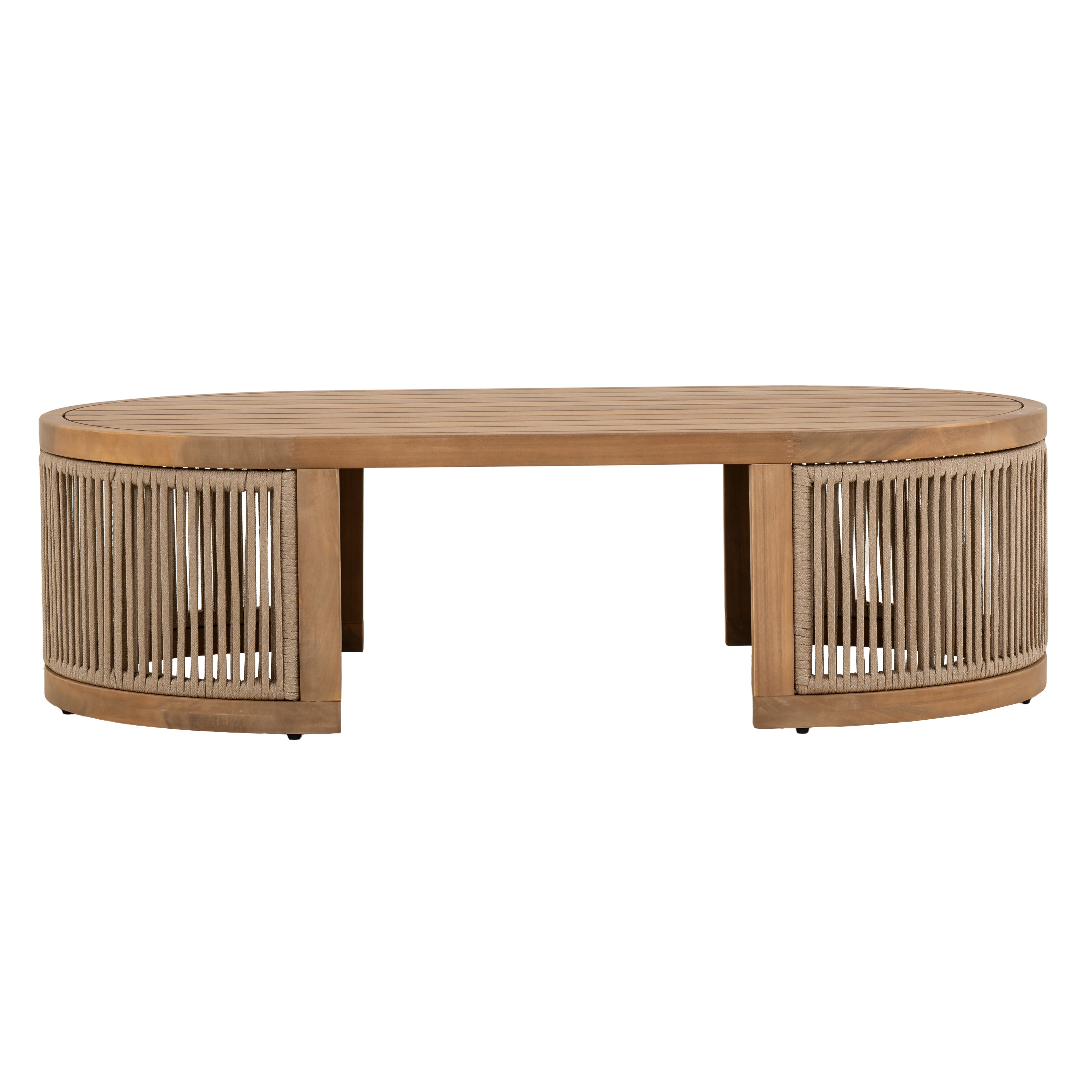 Napa outdoor coffee table with an oval slatted wood top and rope-wrapped legs, patio