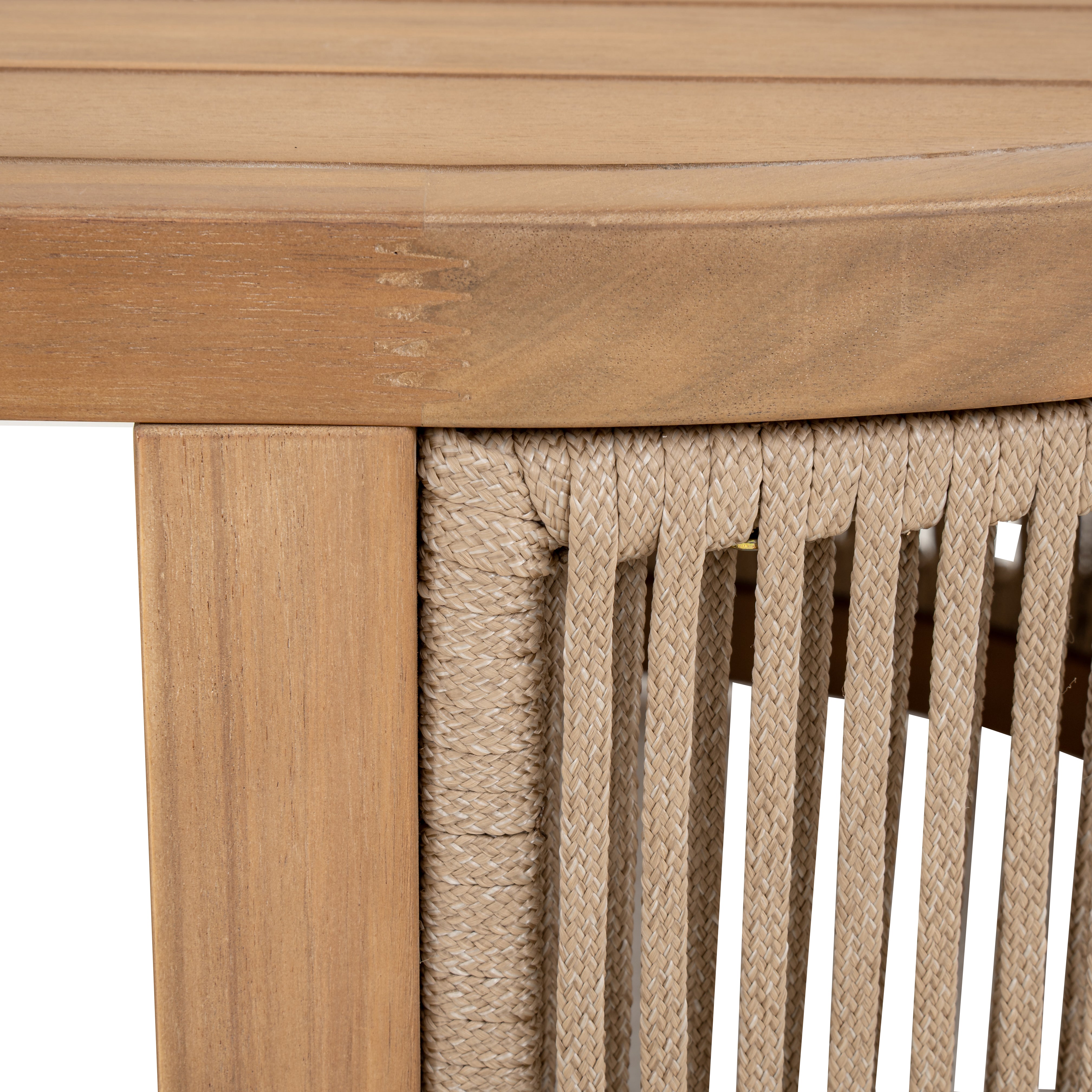 Napa outdoor coffee table with an oval slatted wood top and rope-wrapped legs, patio