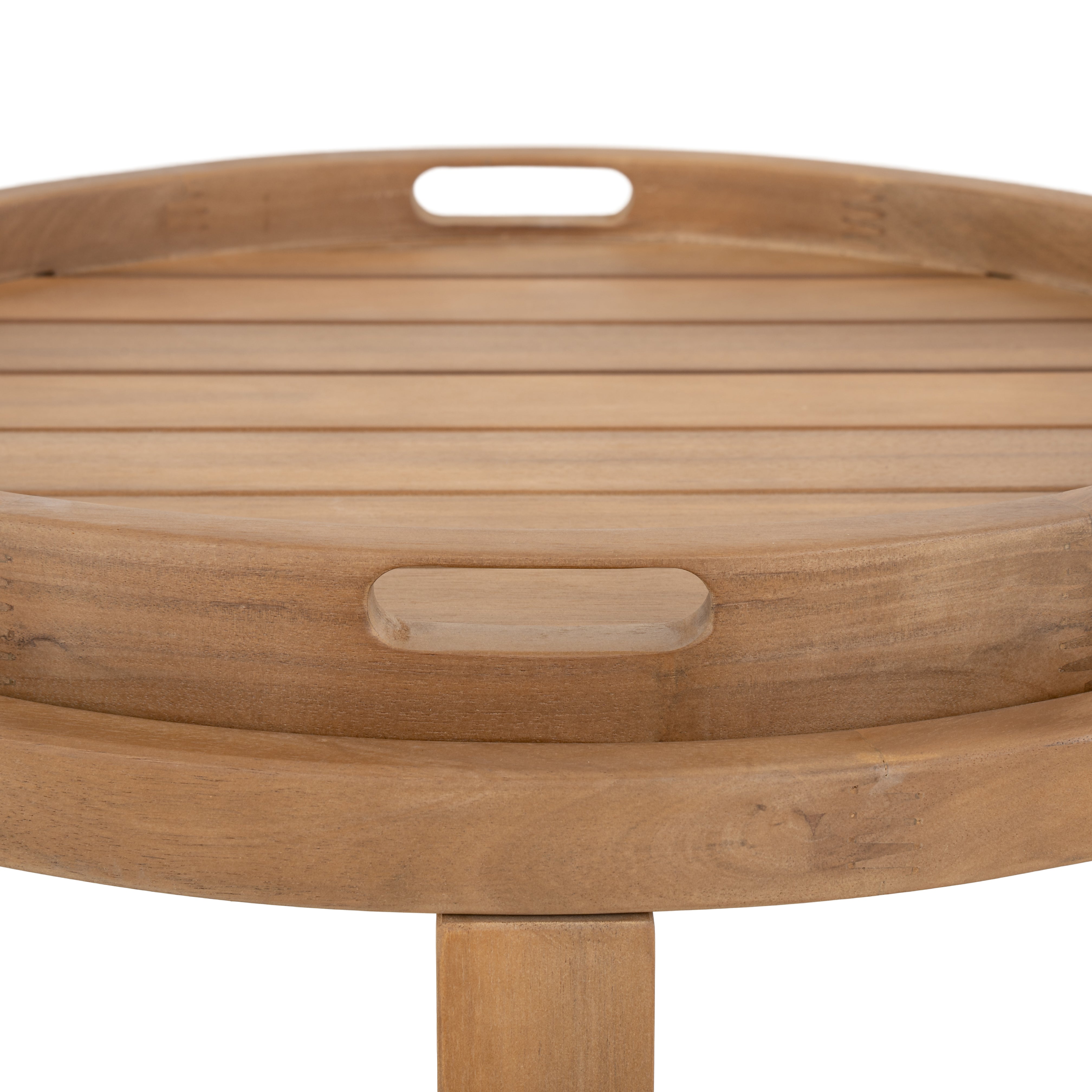 Napa outdoor accent table, round natural wood side table with a removable slatted tray top, patio