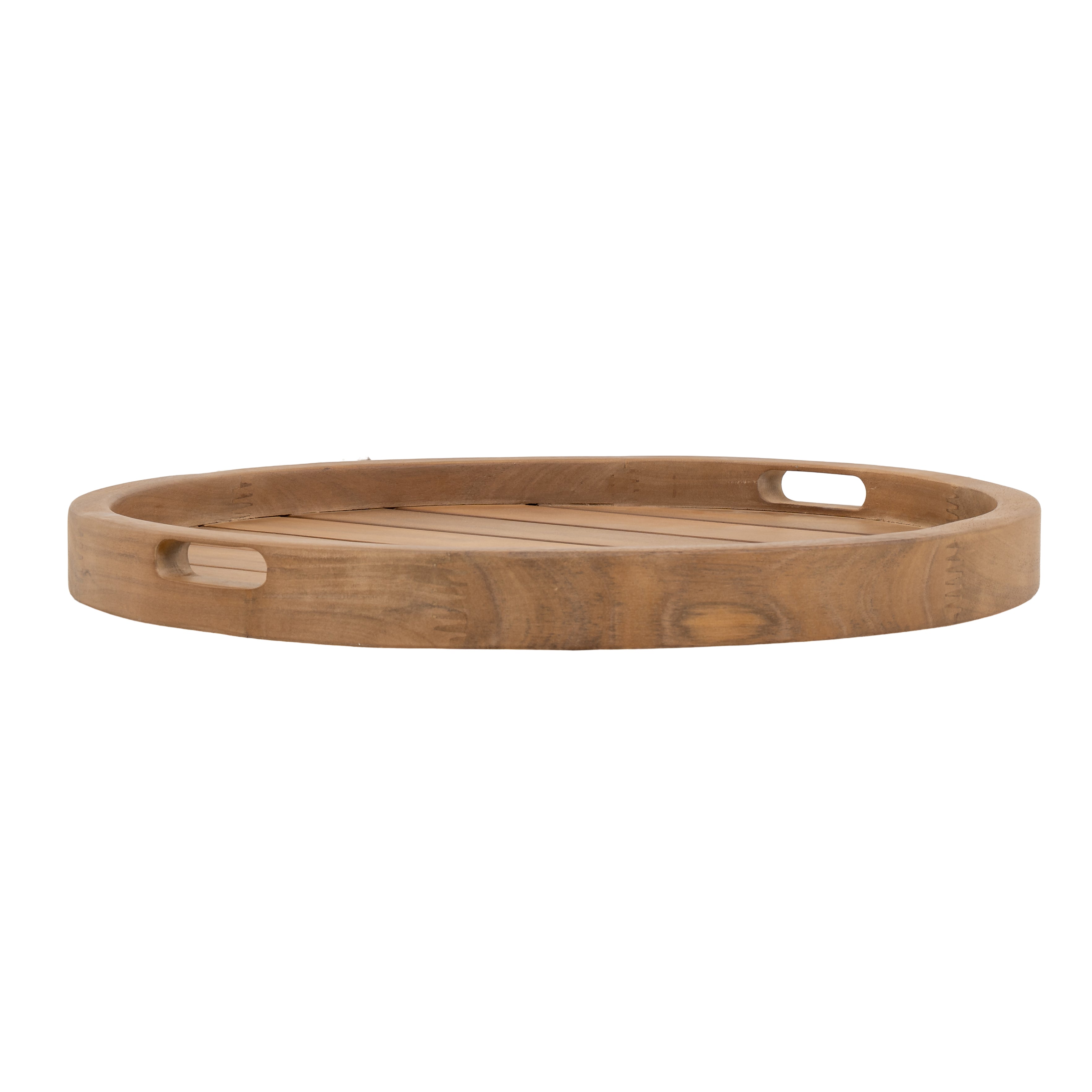 Napa outdoor accent table, round natural wood side table with a removable slatted tray top, patio