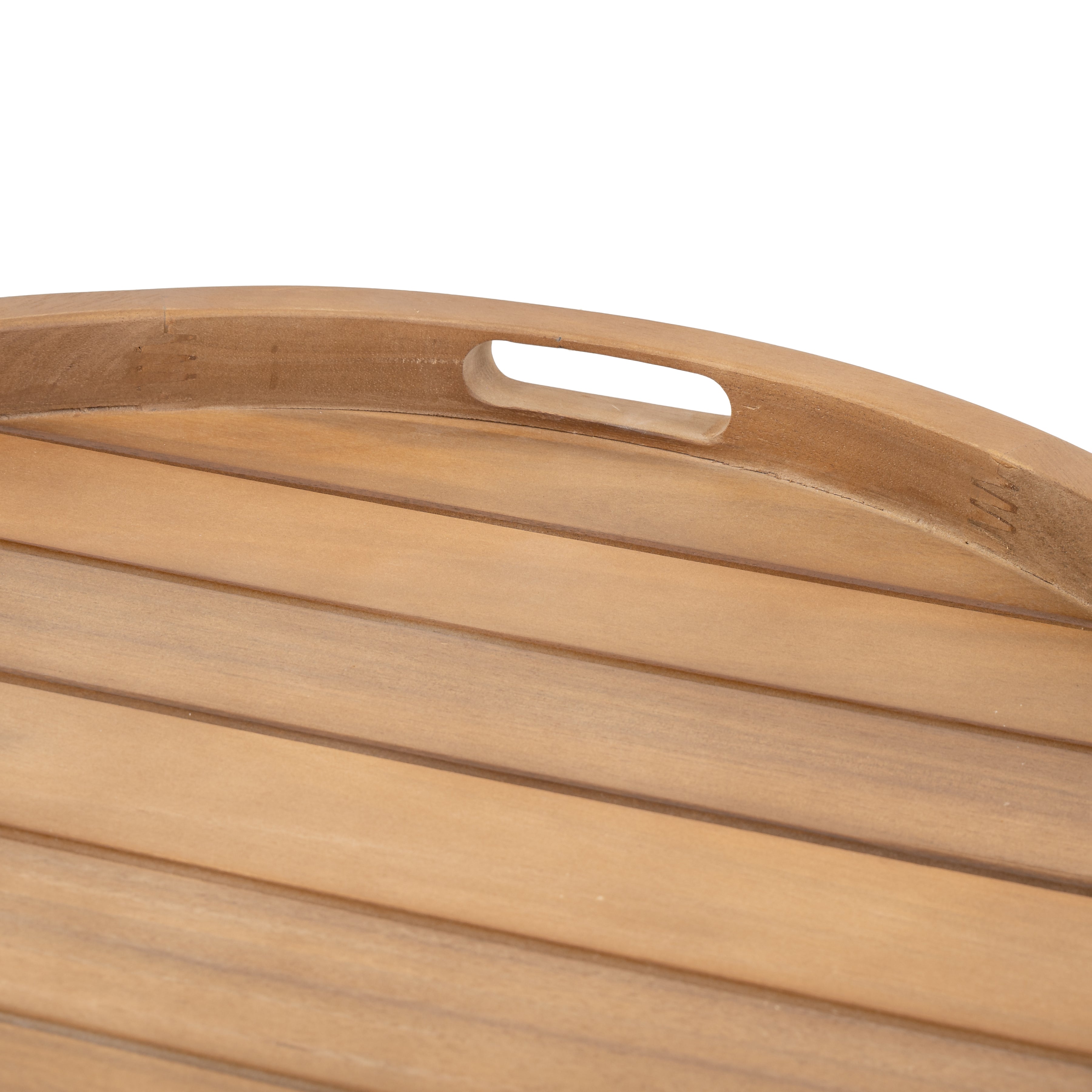 Napa outdoor accent table, round natural wood side table with a removable slatted tray top, patio