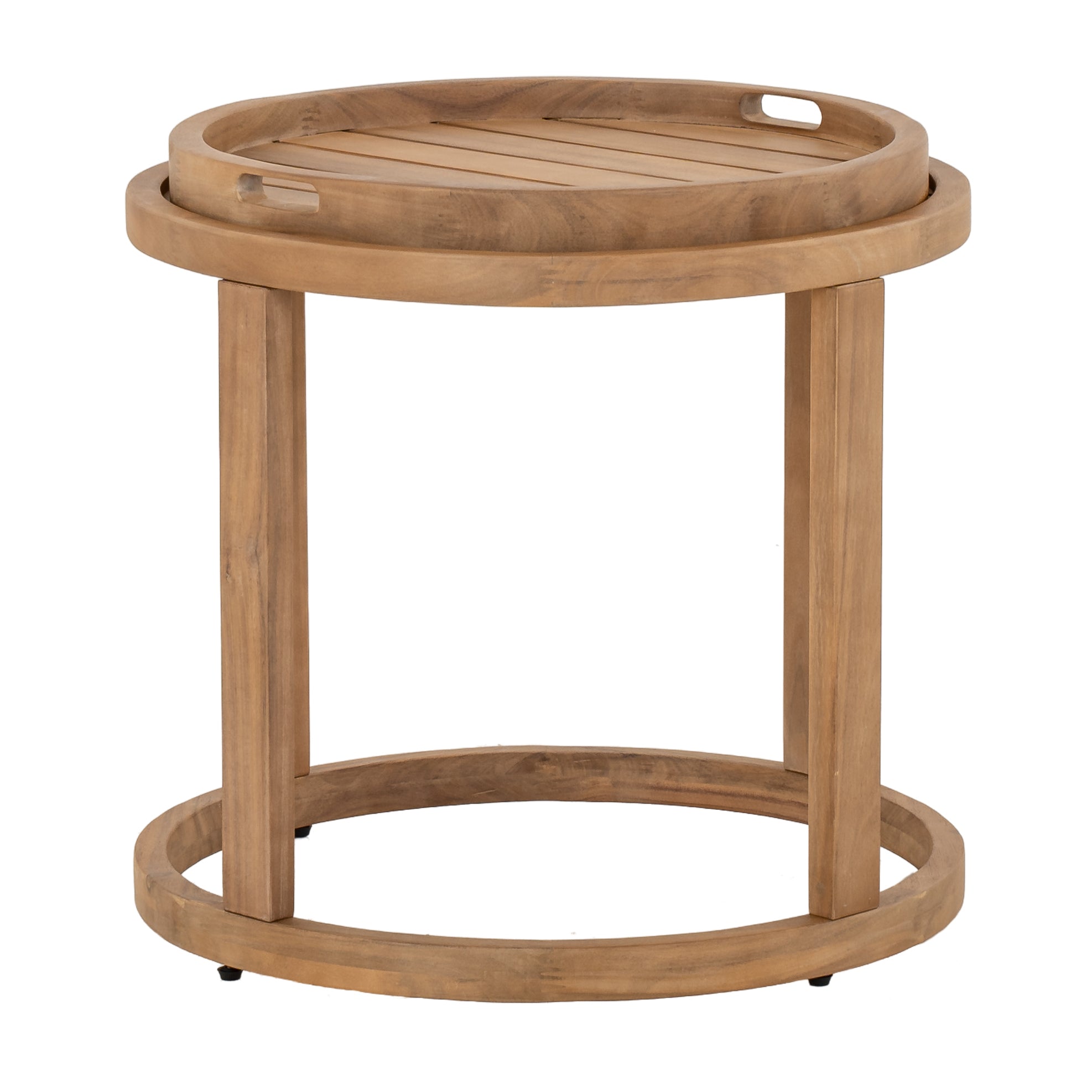 Napa outdoor accent table, round natural wood side table with a removable slatted tray top, patio