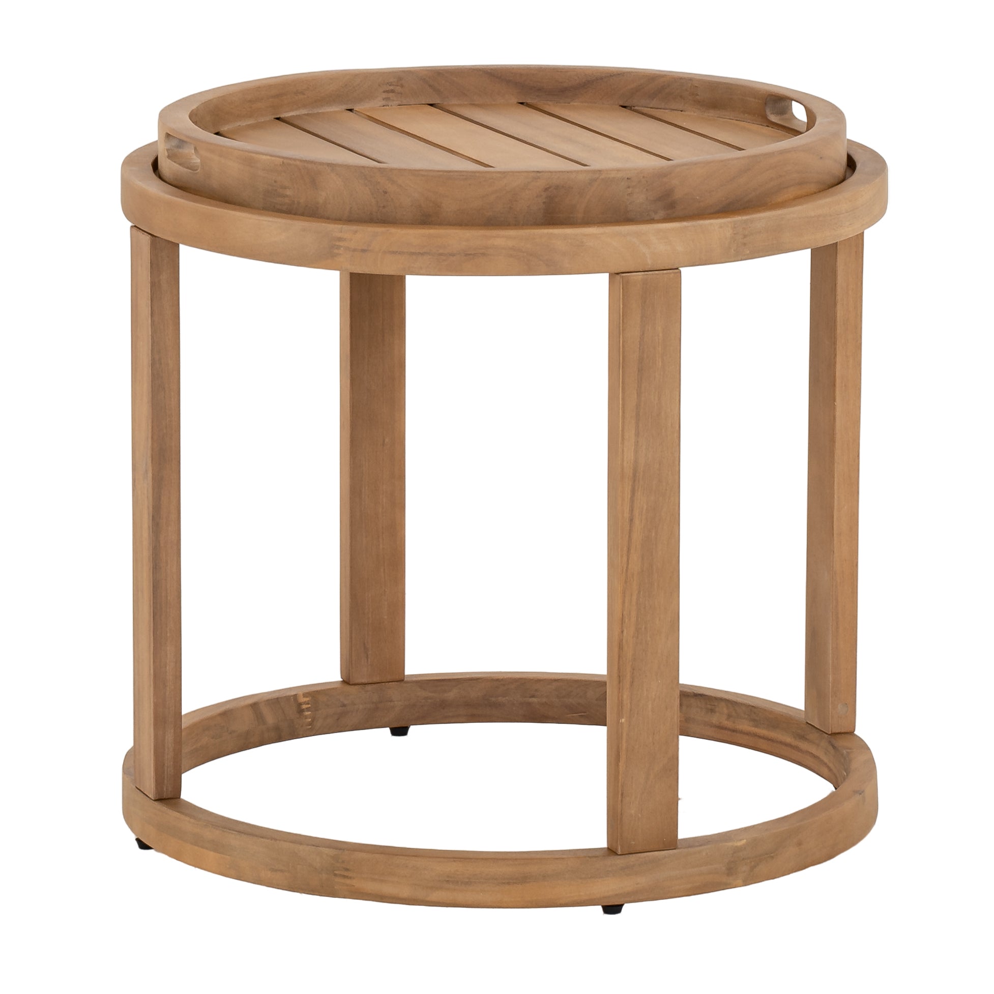 Napa outdoor accent table, round natural wood side table with a removable slatted tray top, patio