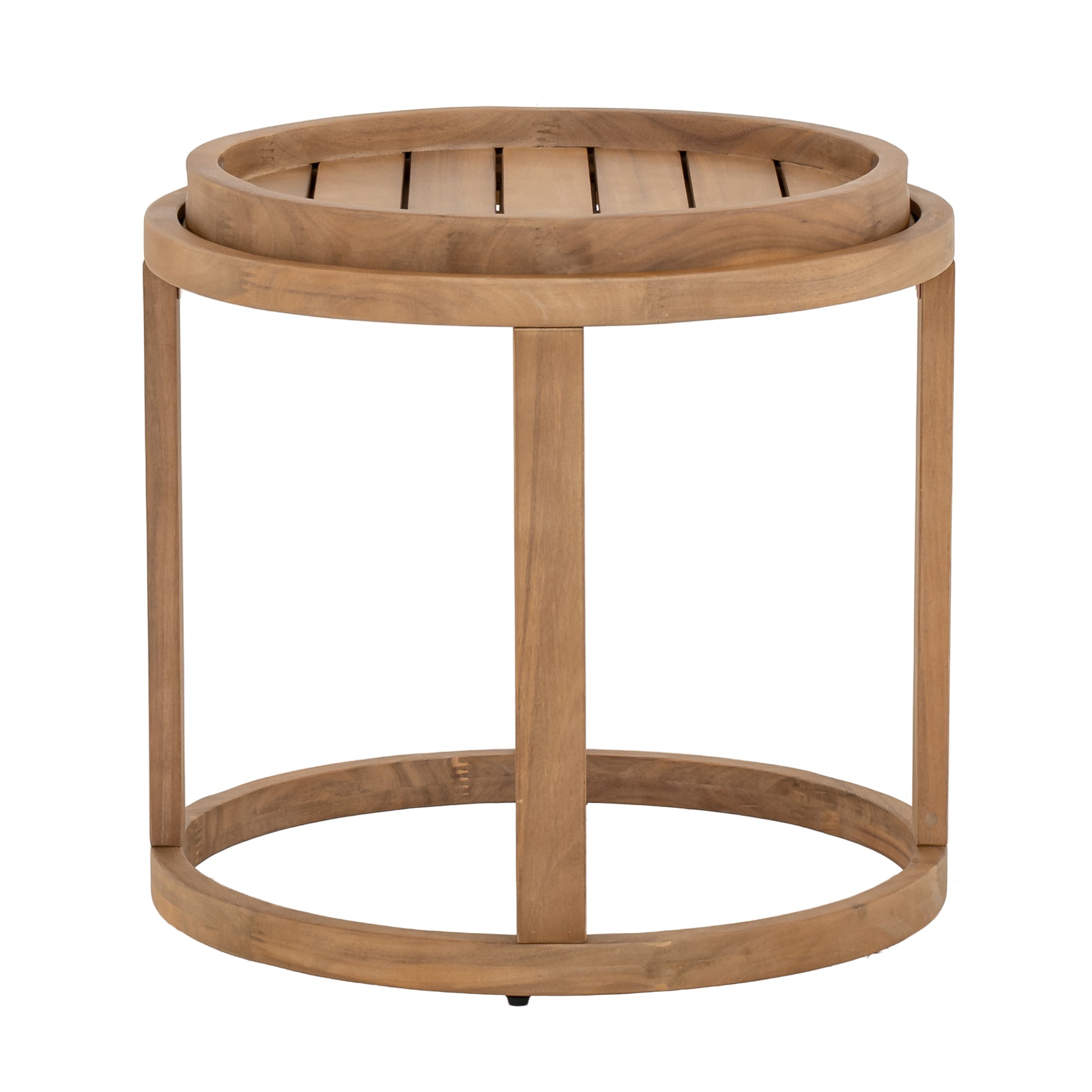Napa outdoor accent table, round natural wood side table with a removable slatted tray top, patio
