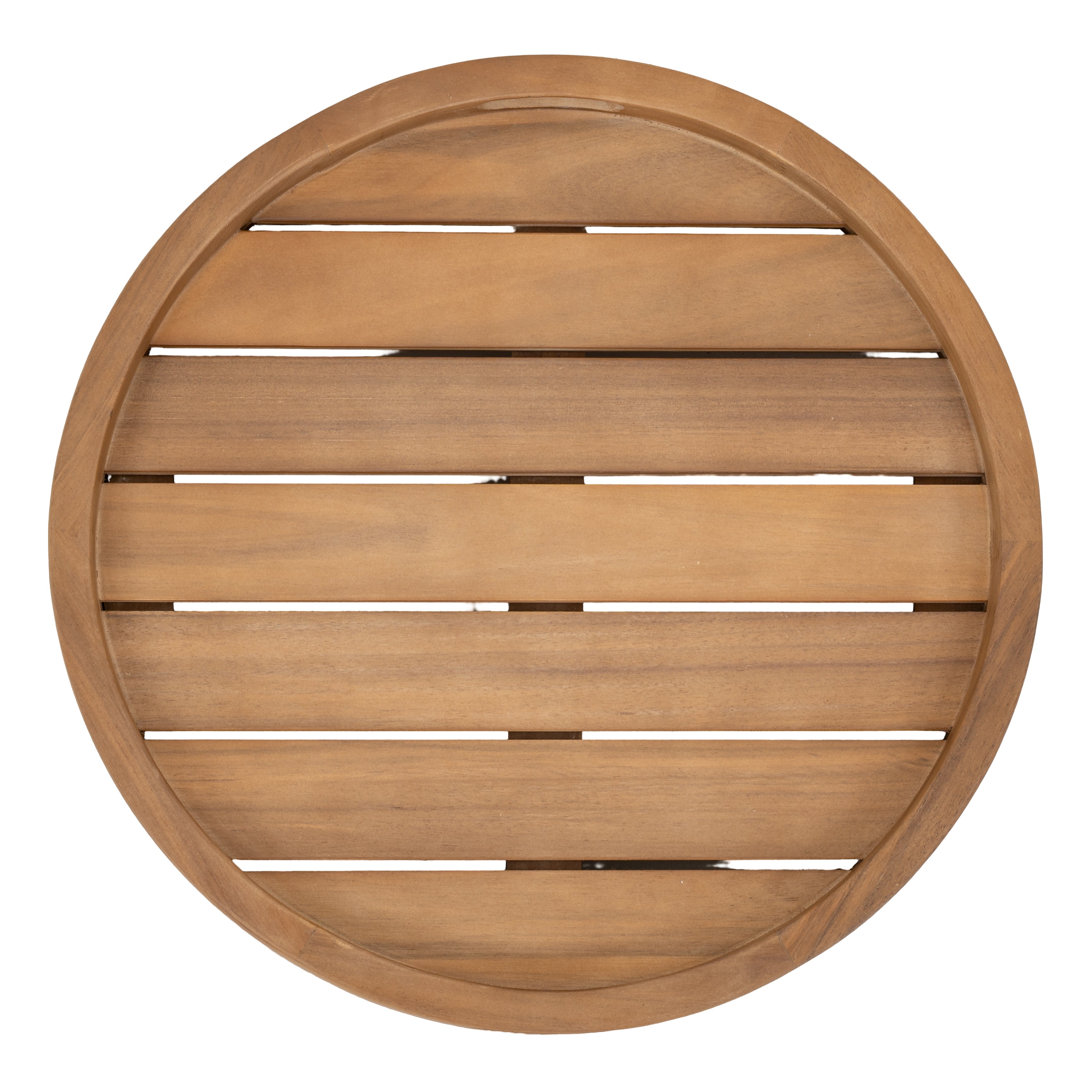 Napa outdoor accent table, round natural wood side table with a removable slatted tray top, patio