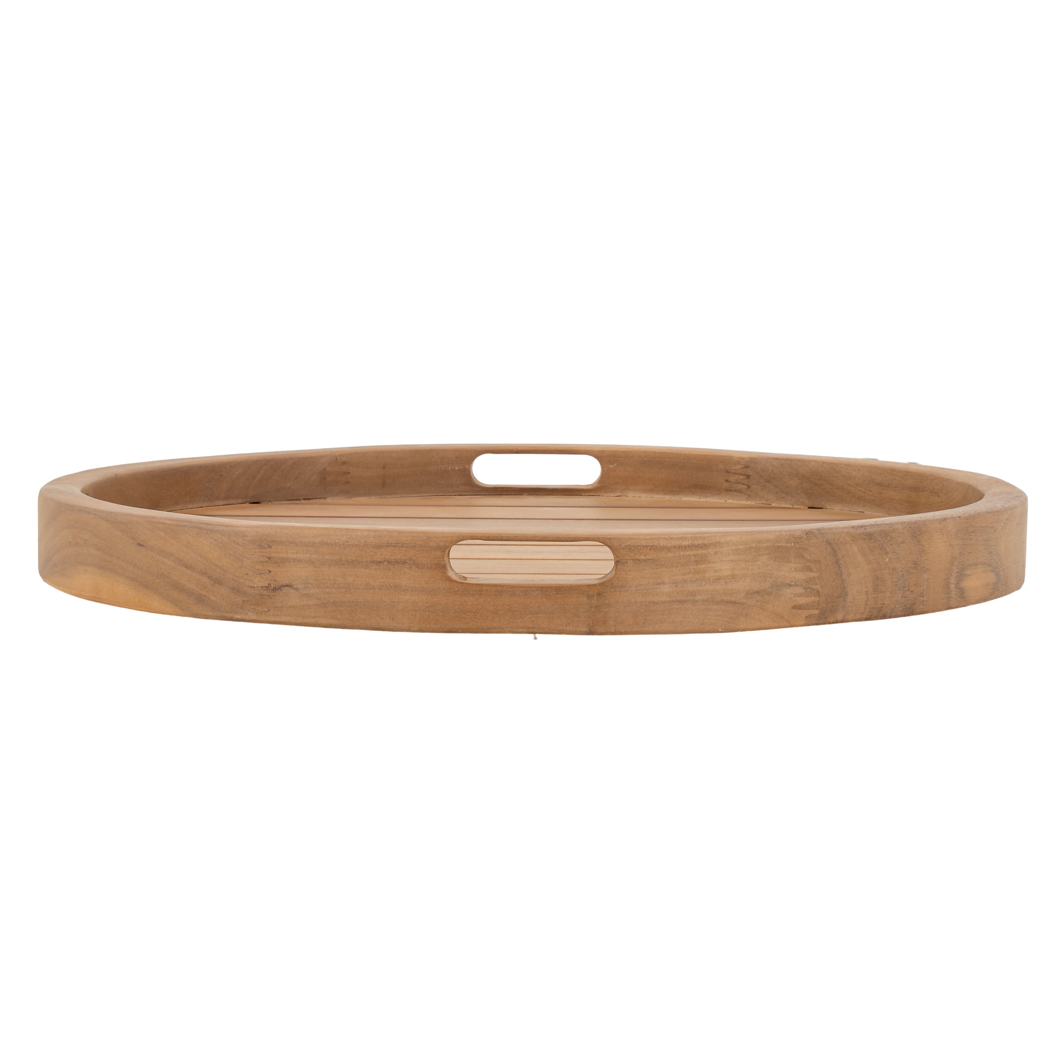 Napa outdoor accent table, round natural wood side table with a removable slatted tray top, patio