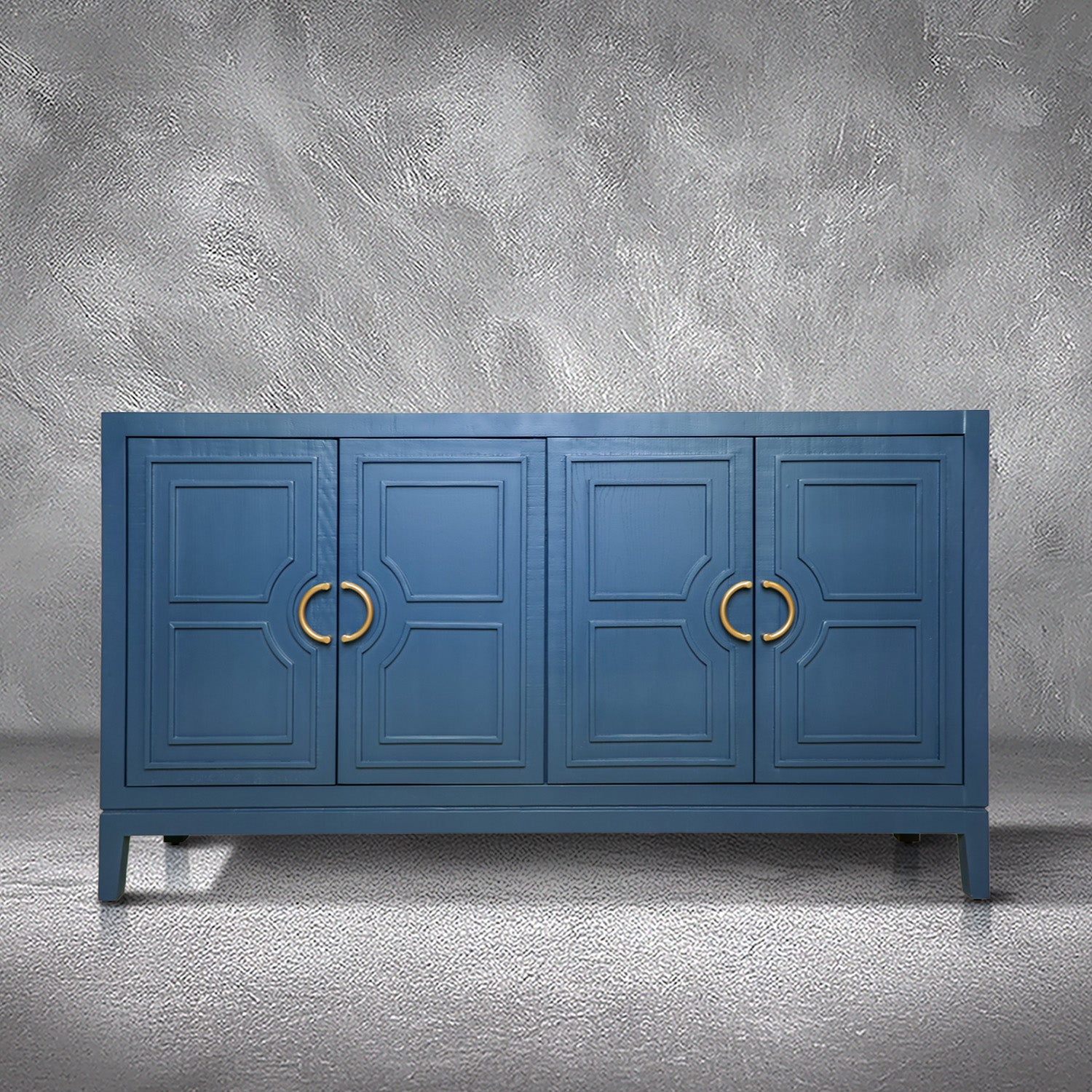 David 64-inch blue credenza in solid Mexican pine with four geometric panel doors and gold ring pulls, living room