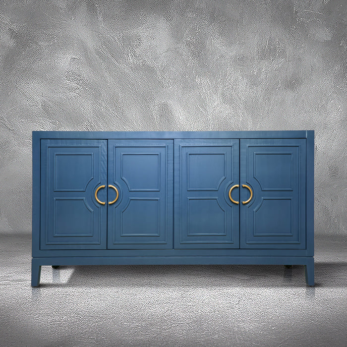 David 64-inch blue credenza in solid Mexican pine with four geometric panel doors and gold ring pulls, living room