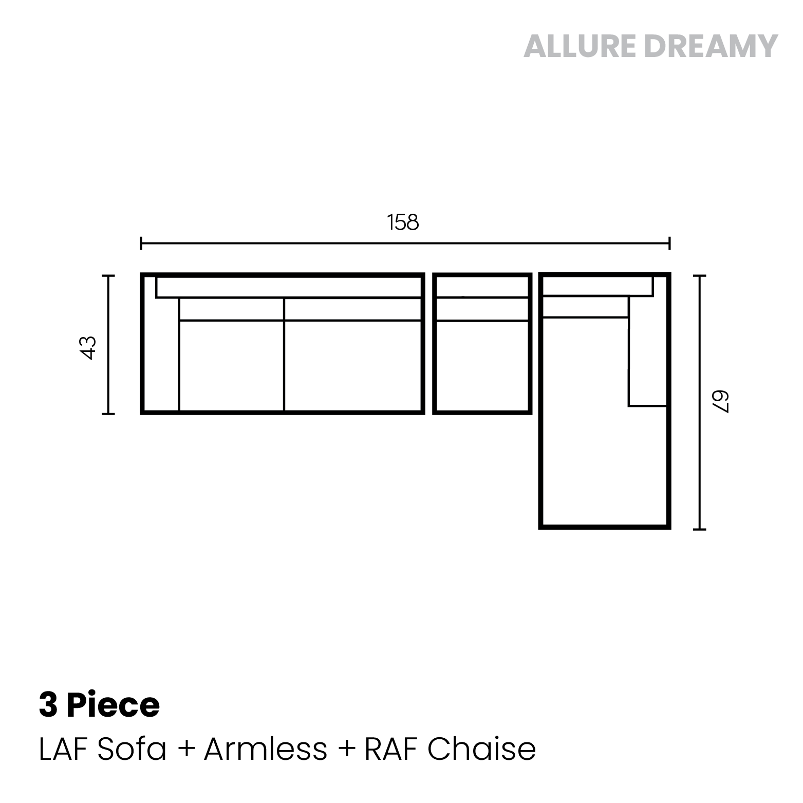 Allure Dreamy 3 piece (LAF sofa, armless chair, RAF chaise)