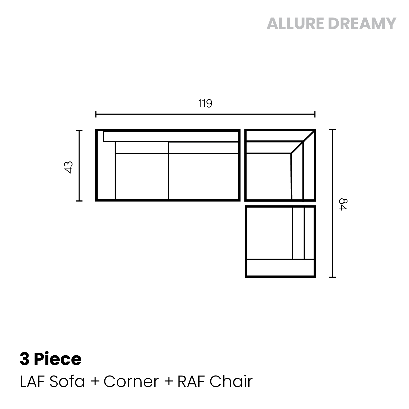 Allure Dreamy 3 piece (LAF sofa, corner, RAF chair)