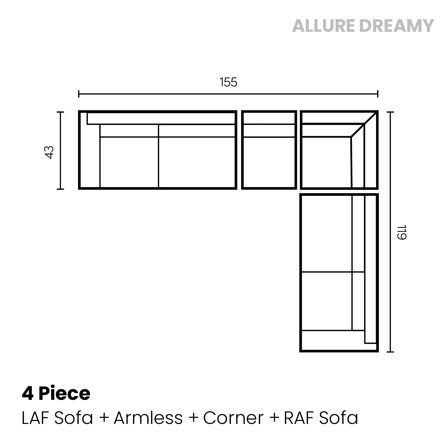 Allure Dreamy 4 piece (LAF sofa, armless chair, corner, RAF sofa)