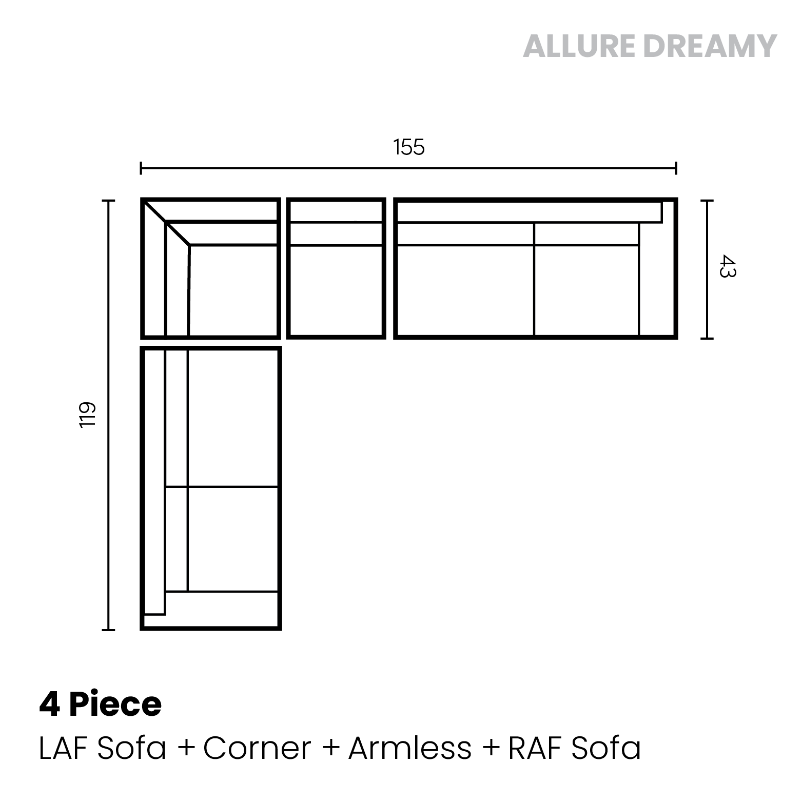 Allure Dreamy 4 piece (LAF sofa, corner, armless chair, RAF sofa)